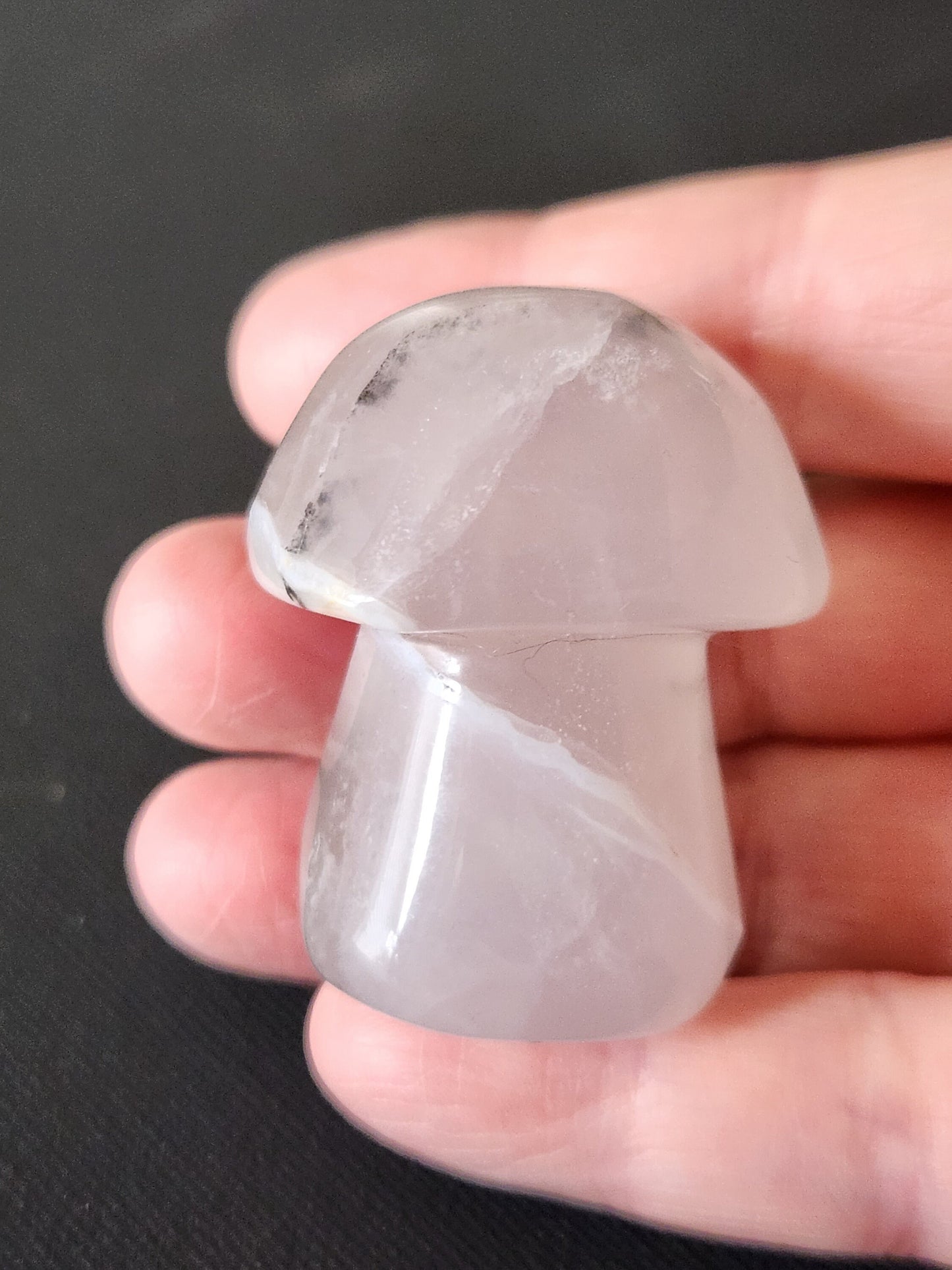 Cute Palm Sized White with a Touch of Purple Fluorite Carved Mushroom Crystal High Polish Stone