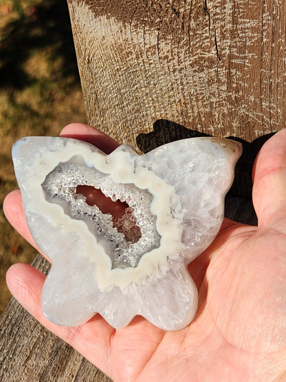 Banded Druzy Agate Butterfly: White & Silver Gray Crystal with Stand