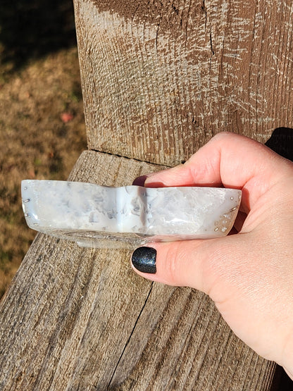 Banded Druzy Agate Butterfly: White & Silver Gray Crystal with Stand
