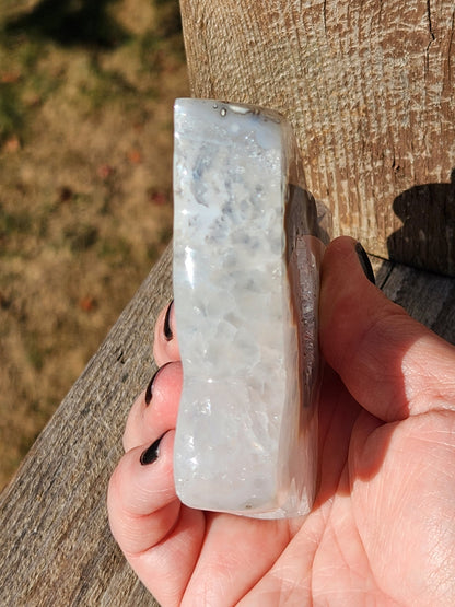 Banded Druzy Agate Butterfly: White & Silver Gray Crystal with Stand