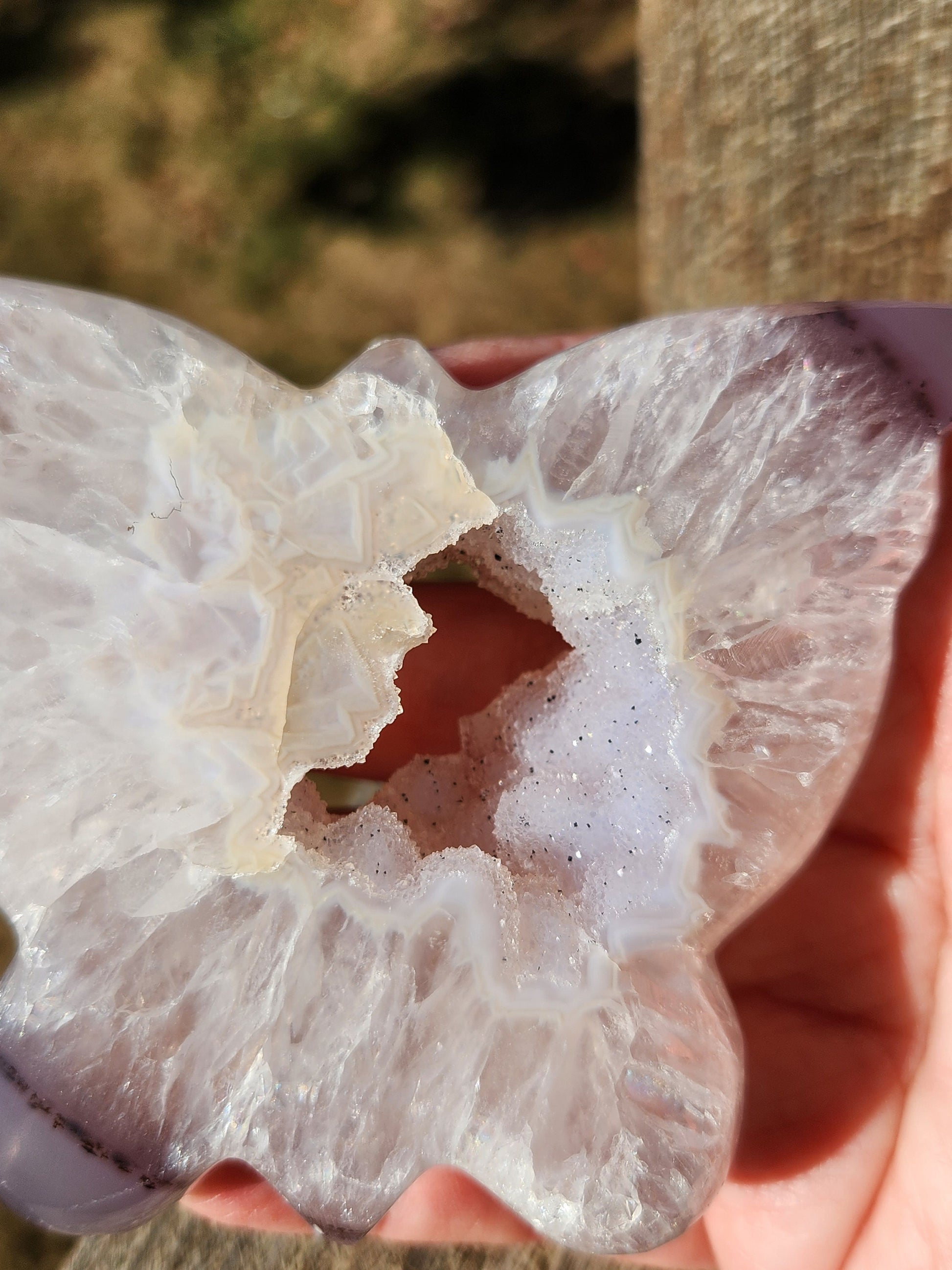 Stunningly Beautiful White and Purple Tipped Druzy Thick Slab Cut Agate Butterfly with black metal stand, Portal, Rainbows!