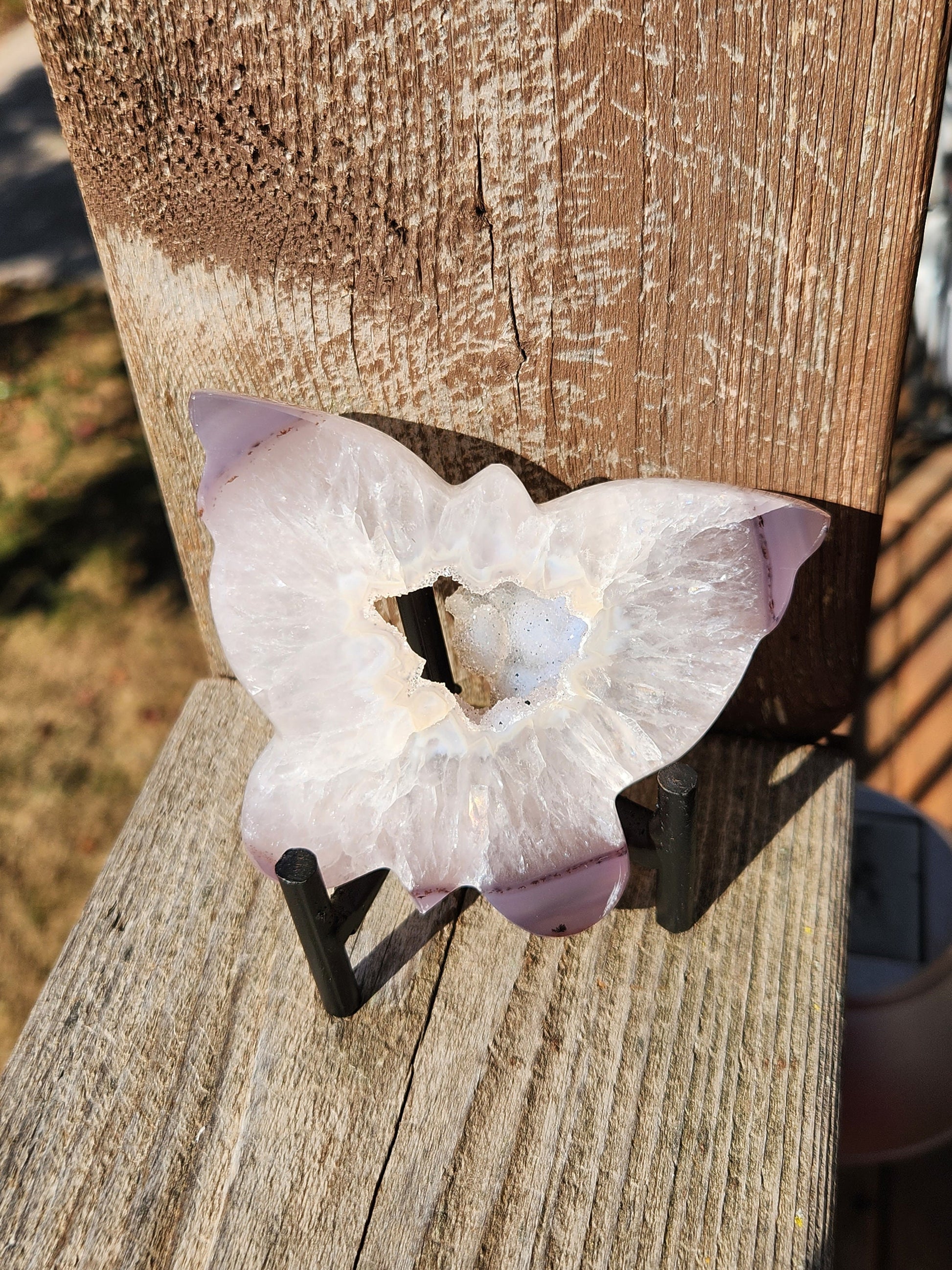 Stunningly Beautiful White and Purple Tipped Druzy Thick Slab Cut Agate Butterfly with black metal stand, Portal, Rainbows!