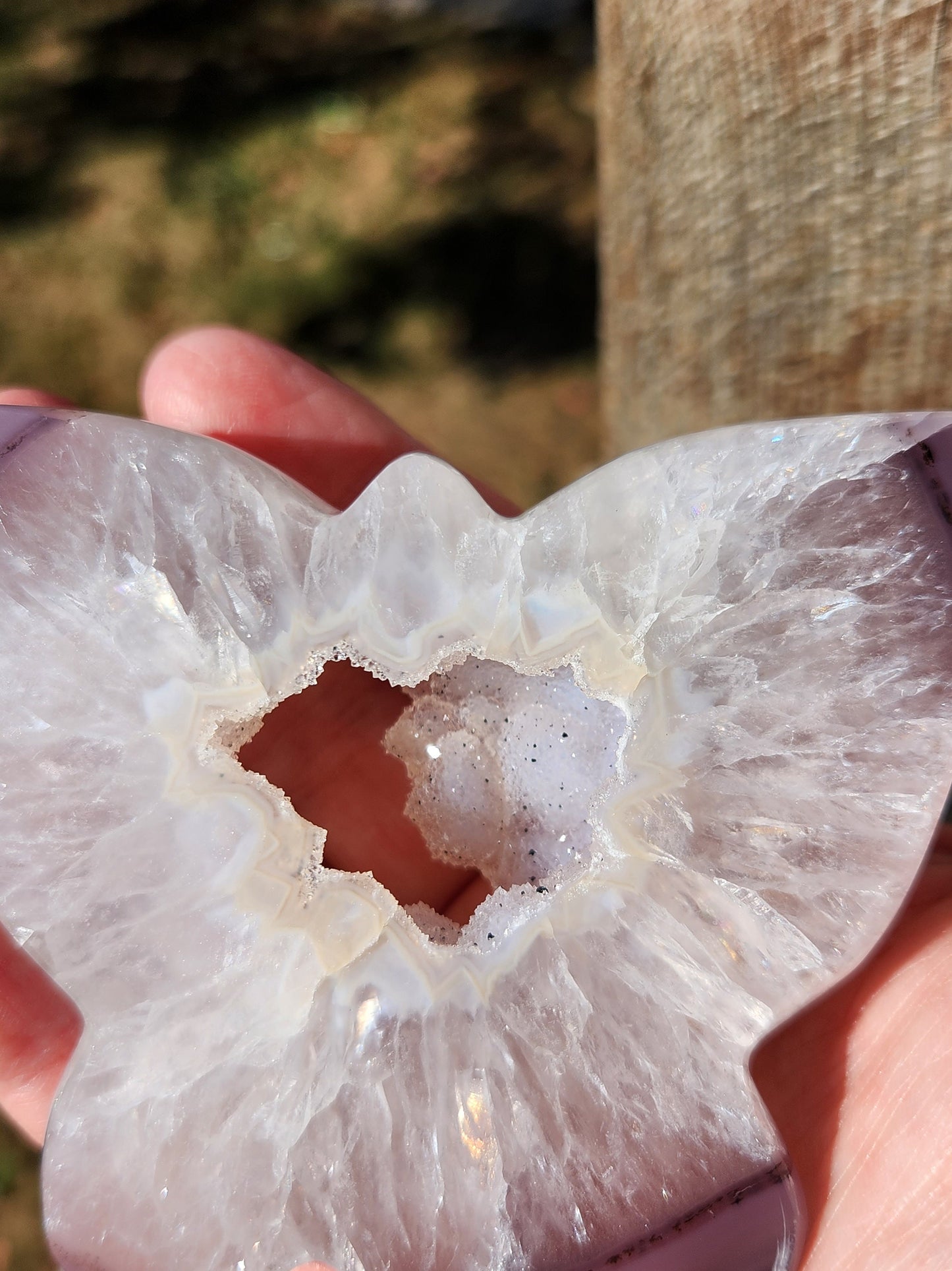 Stunningly Beautiful White and Purple Tipped Druzy Thick Slab Cut Agate Butterfly with black metal stand, Portal, Rainbows!