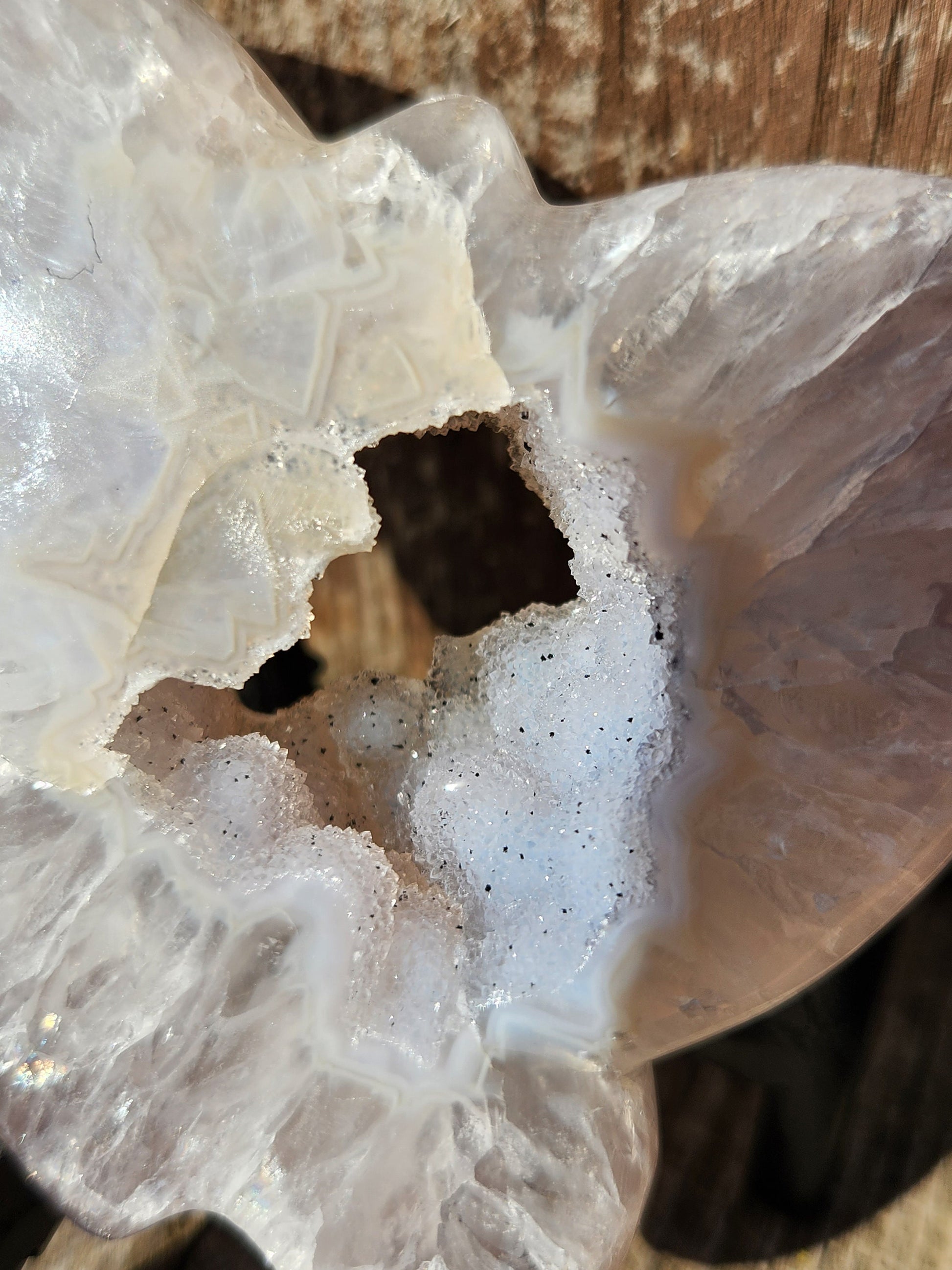 Stunningly Beautiful White and Purple Tipped Druzy Thick Slab Cut Agate Butterfly with black metal stand, Portal, Rainbows!