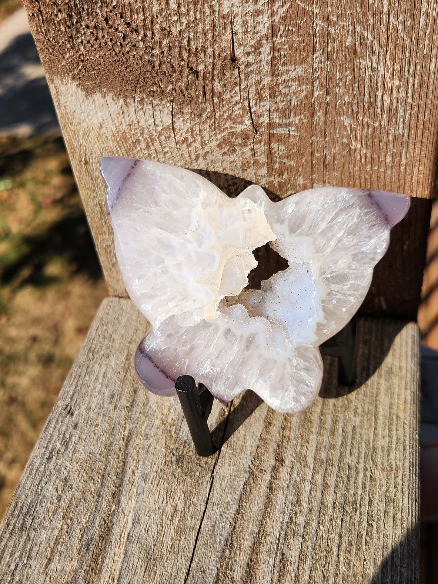 Stunningly Beautiful White and Purple Tipped Druzy Thick Slab Cut Agate Butterfly with black metal stand, Portal, Rainbows!