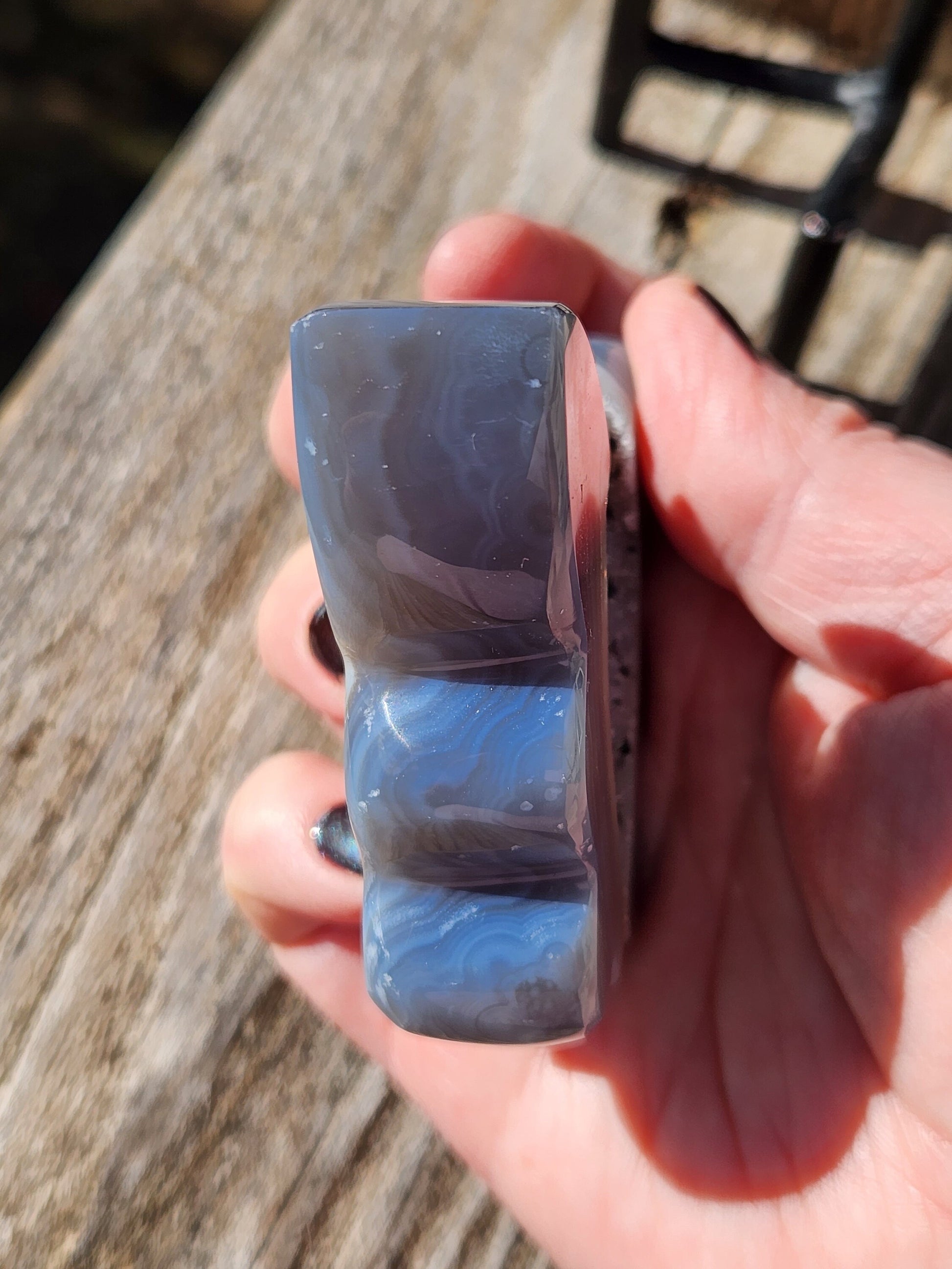 Stunning Blue Banded Druzy Thick Slab Cut Agate Crystal Butterfly with a black metal stand