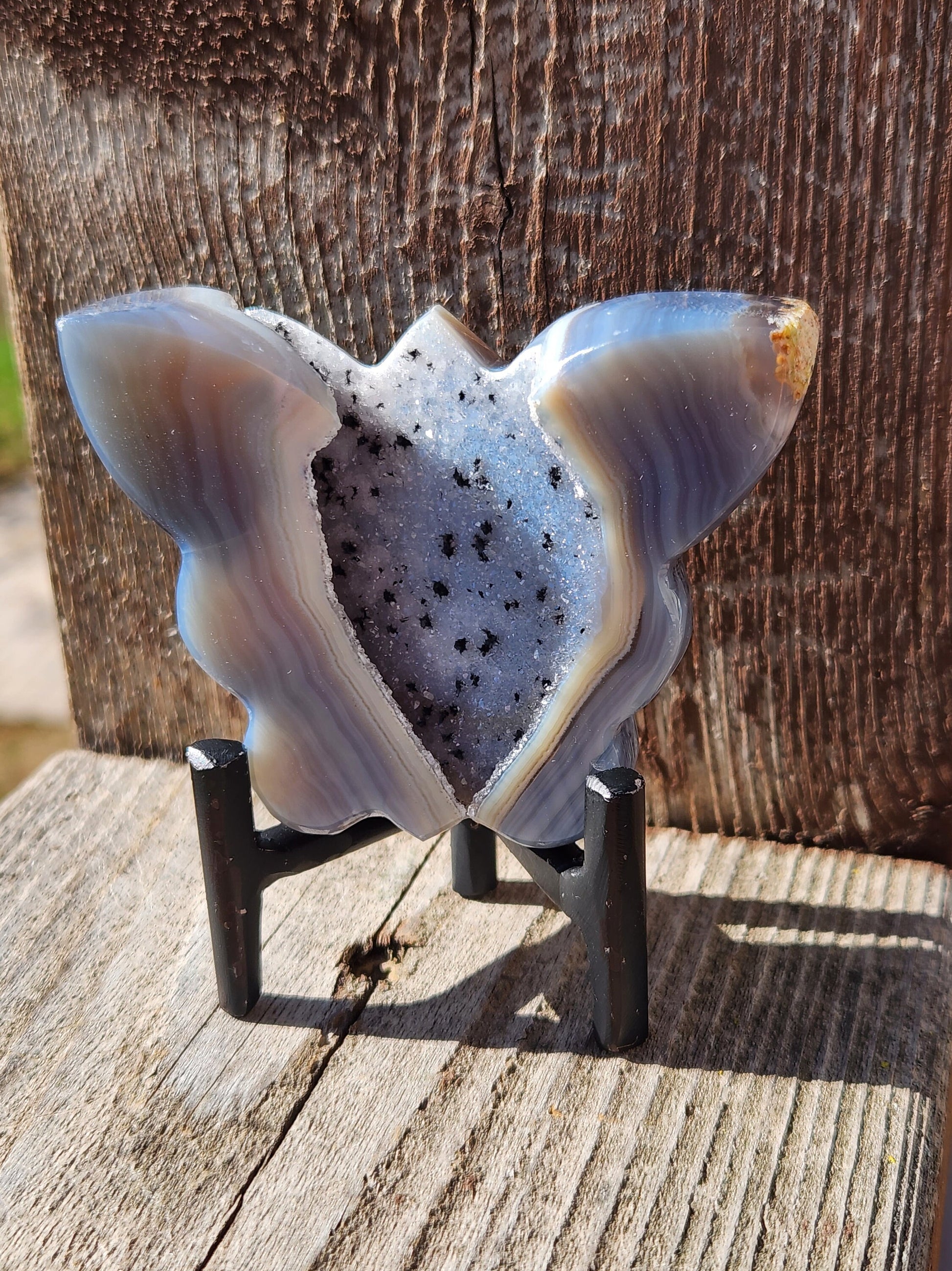 Stunning Blue Banded Druzy Thick Slab Cut Agate Crystal Butterfly with a black metal stand