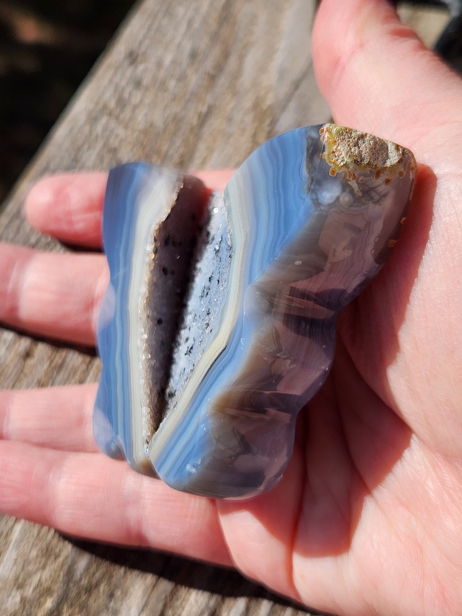 Stunning Blue Banded Druzy Thick Slab Cut Agate Crystal Butterfly with a black metal stand