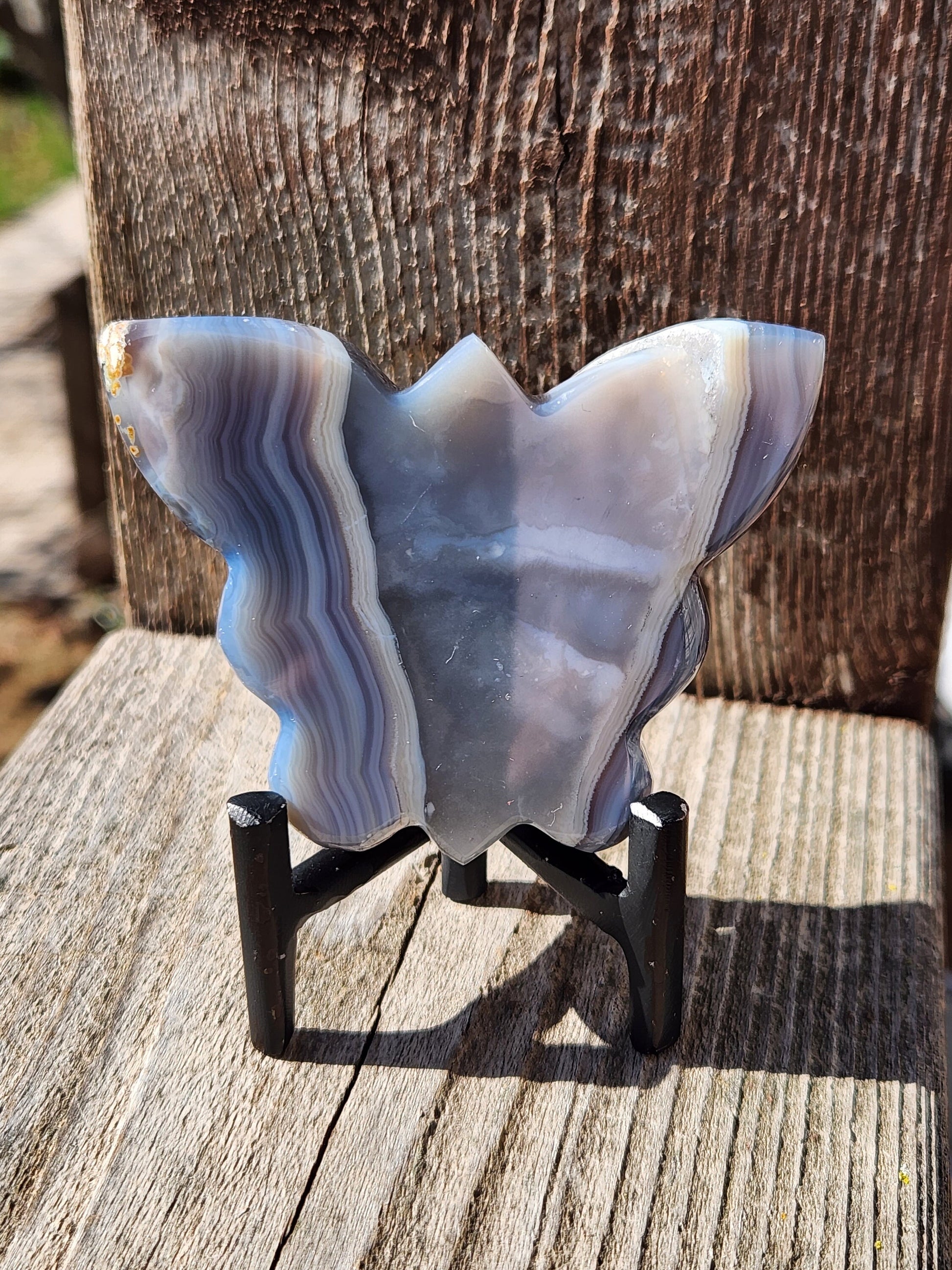 Stunning Blue Banded Druzy Thick Slab Cut Agate Crystal Butterfly with a black metal stand