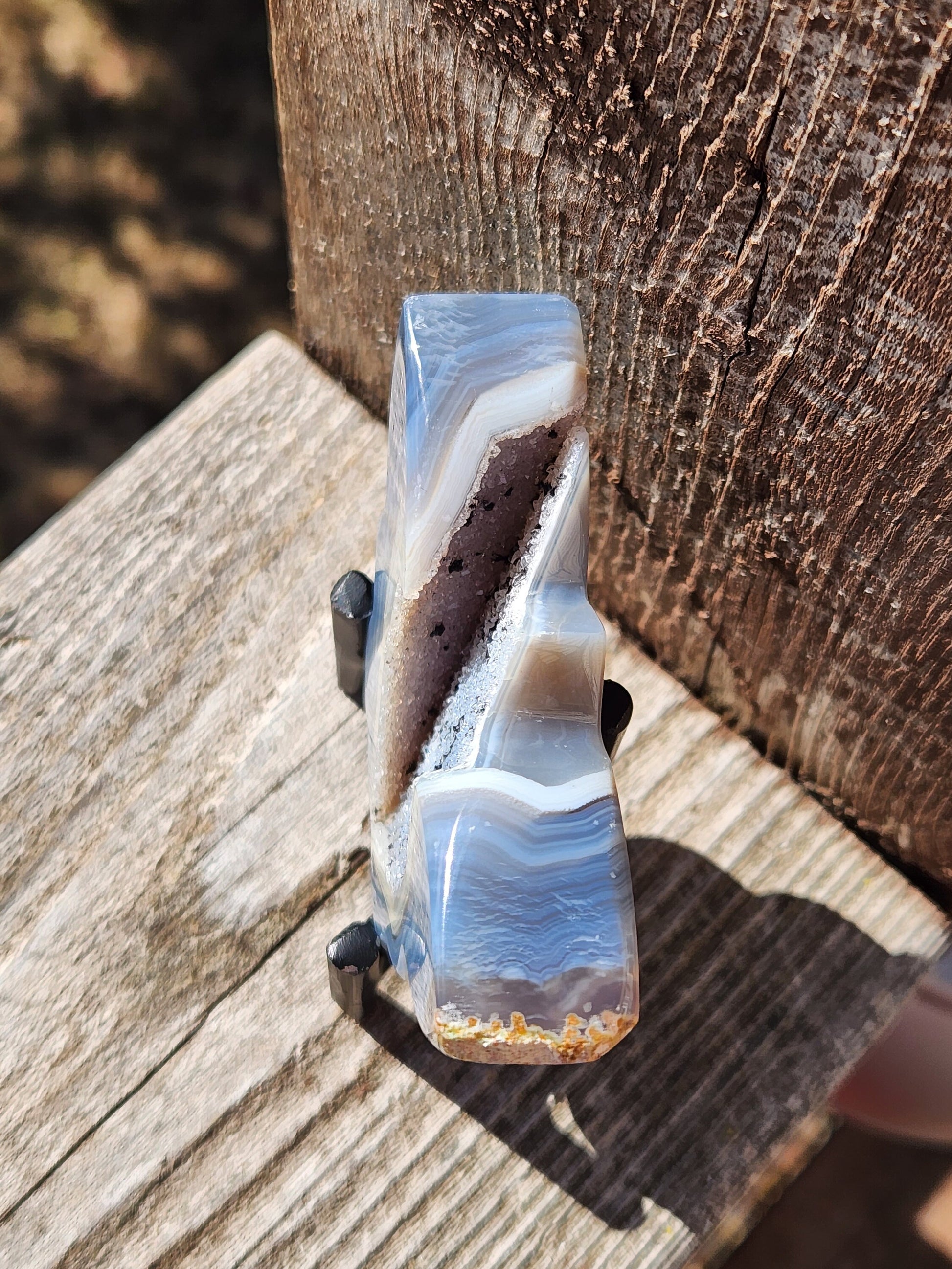 Stunning Blue Banded Druzy Thick Slab Cut Agate Crystal Butterfly with a black metal stand