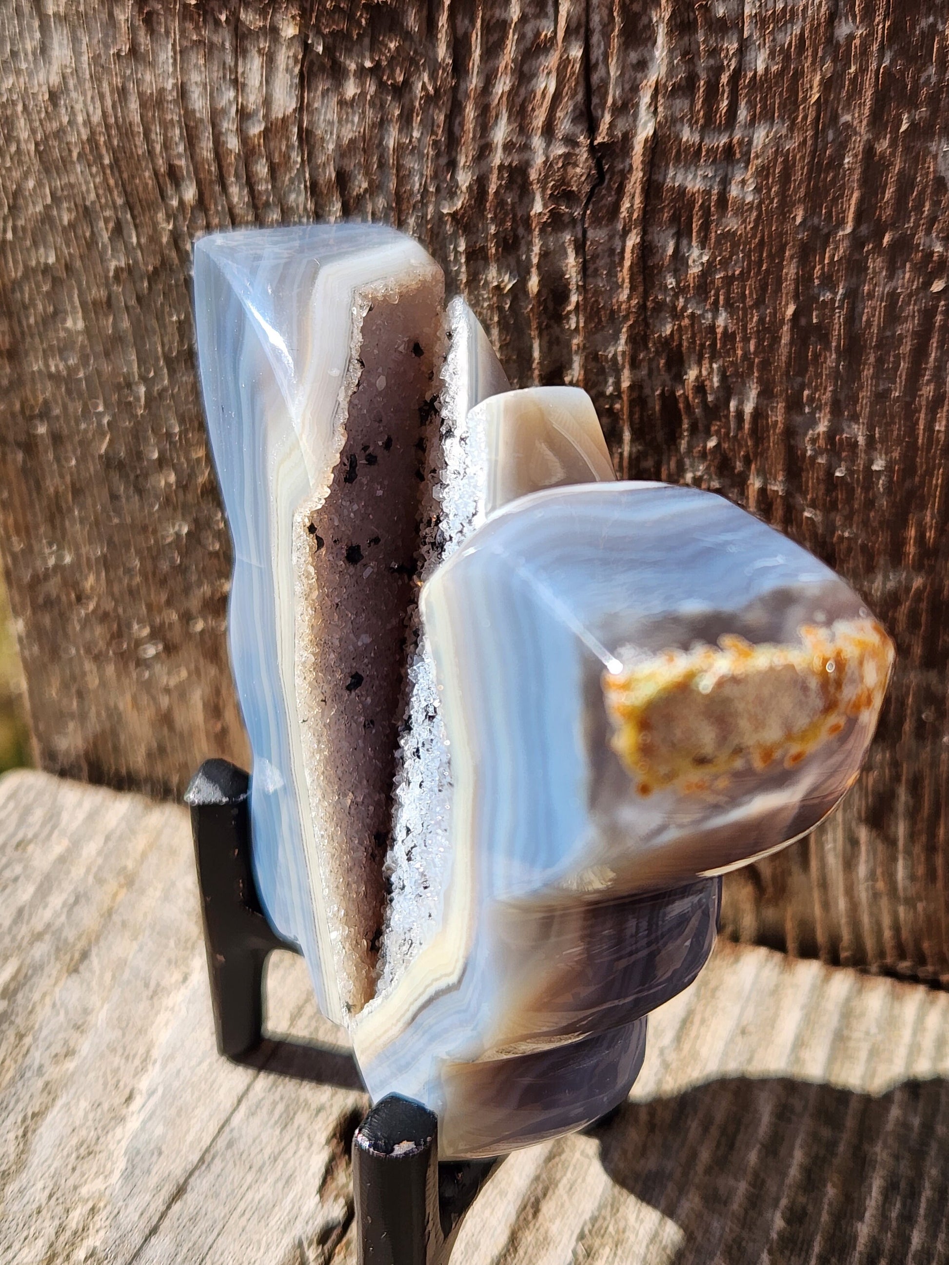 Stunning Blue Banded Druzy Thick Slab Cut Agate Crystal Butterfly with a black metal stand