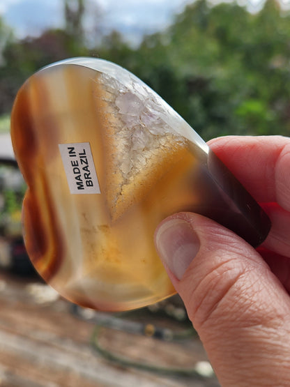 Beautiful High Buttery Polished Druzy Agate Crystal Rock Heart Slice on metal stand