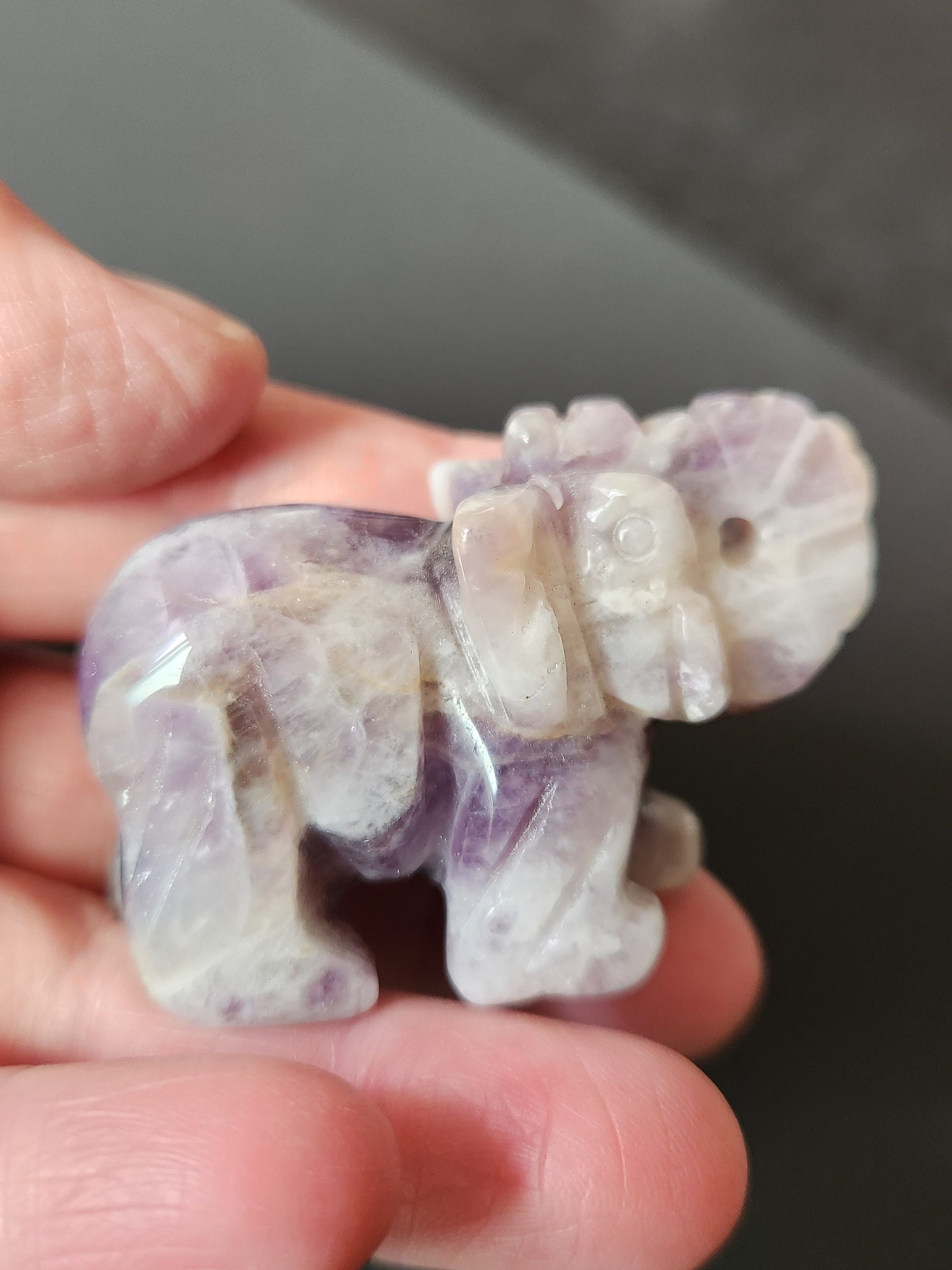 Carved Dream Amethyst Elephant: Tiny Crystal Figurine