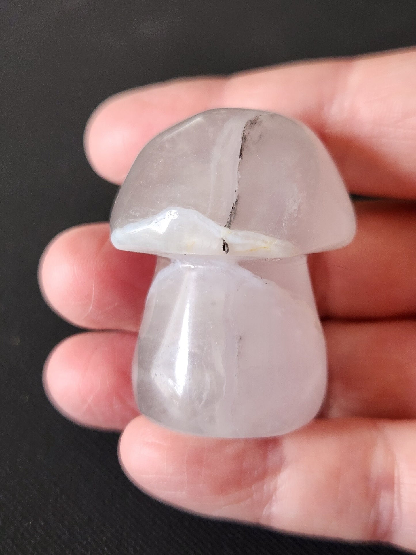 Cute Palm Sized White with a Touch of Purple Fluorite Carved Mushroom Crystal High Polish Stone