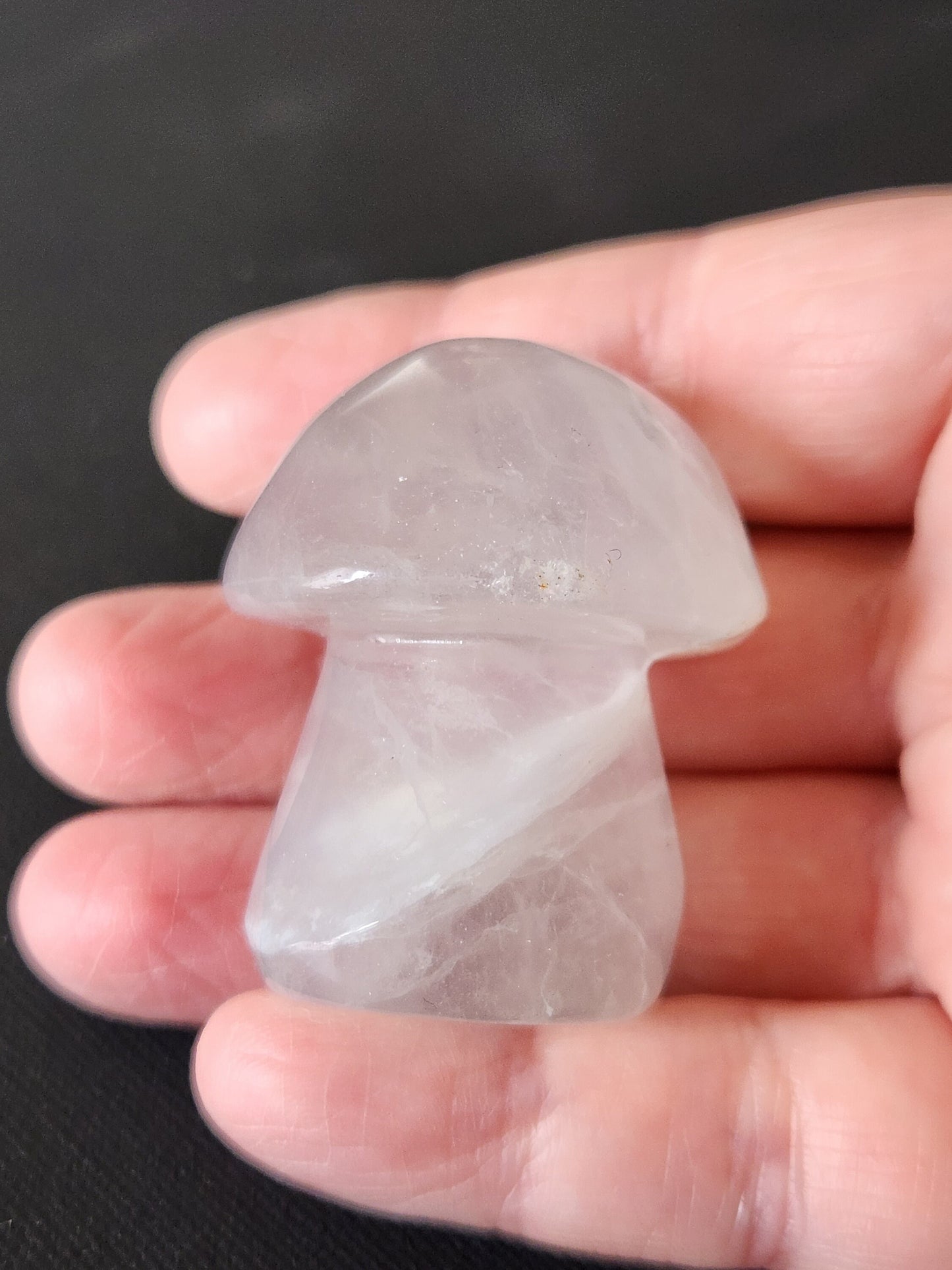 Cute Palm Sized White with a Touch of Purple Fluorite Carved Mushroom Crystal High Polish Stone