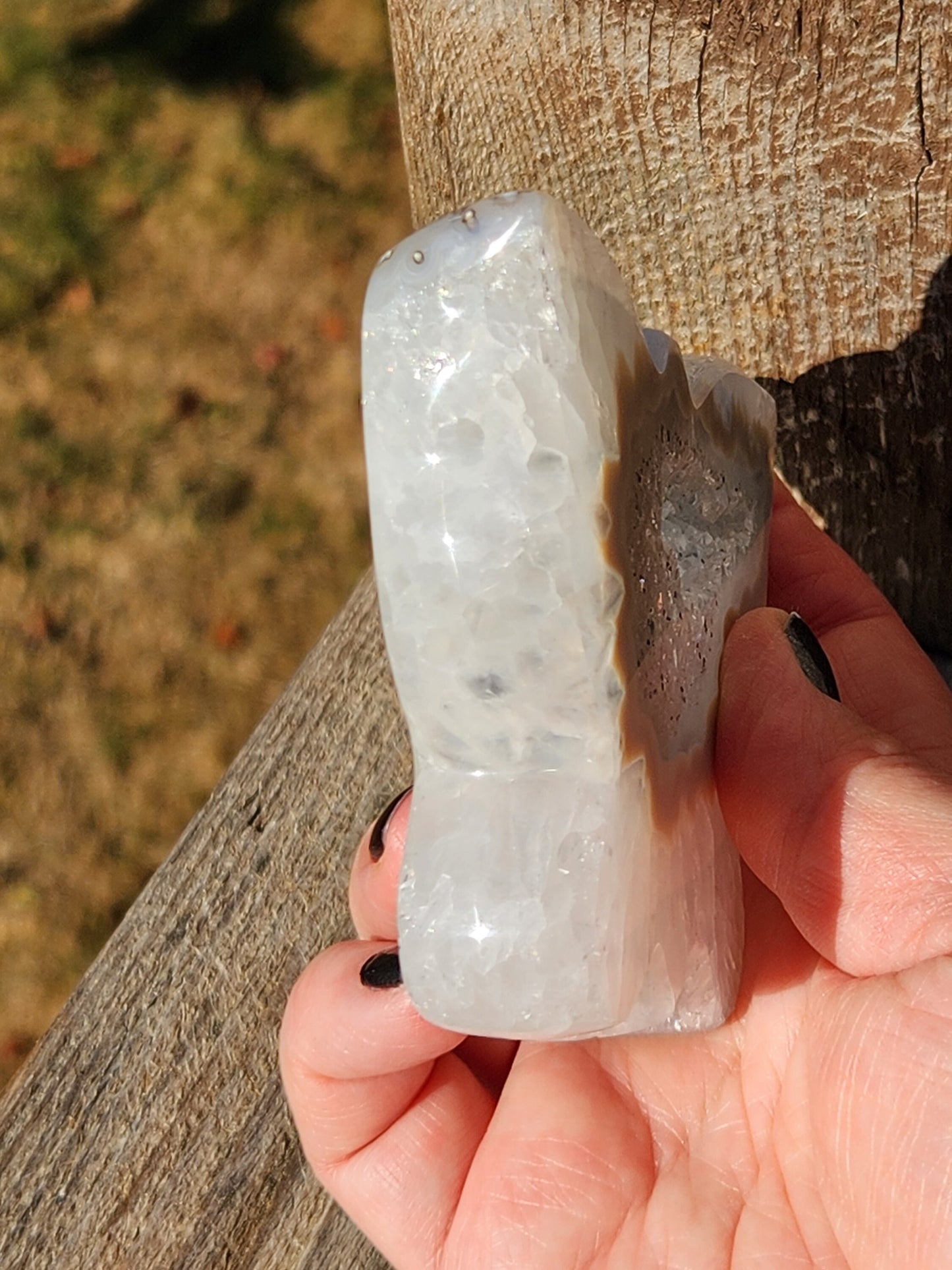 Banded Druzy Agate Butterfly: White & Silver Gray Crystal with Stand