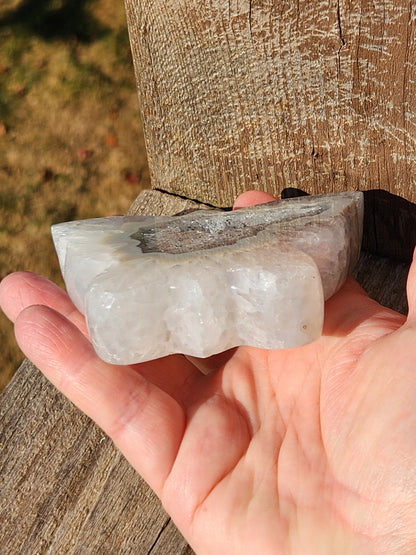 Banded Druzy Agate Butterfly: White & Silver Gray Crystal with Stand