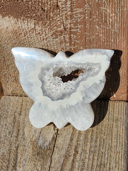 Banded Druzy Agate Butterfly: White & Silver Gray Crystal with Stand