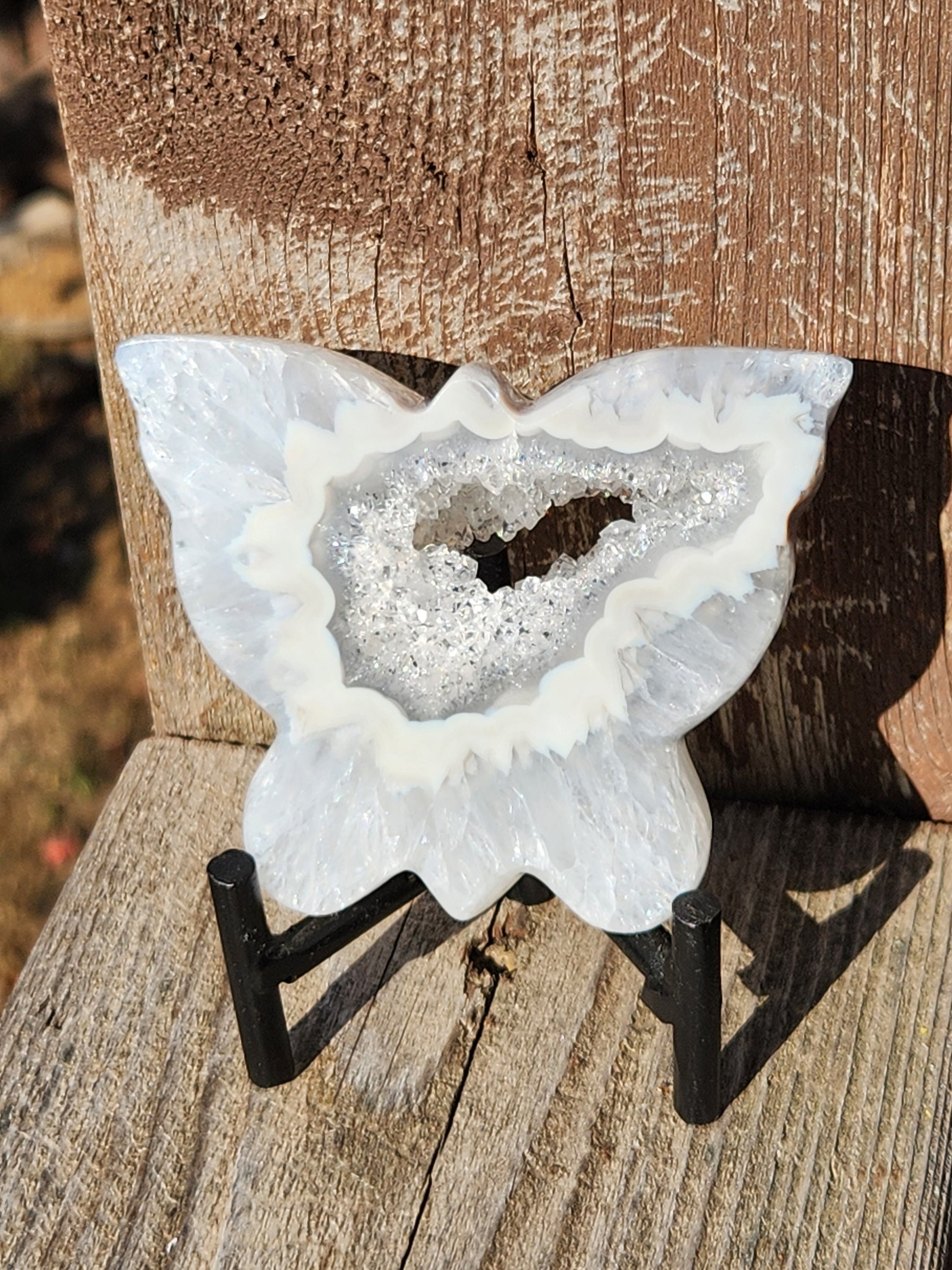 Banded Druzy Agate Butterfly: White & Silver Gray Crystal with Stand