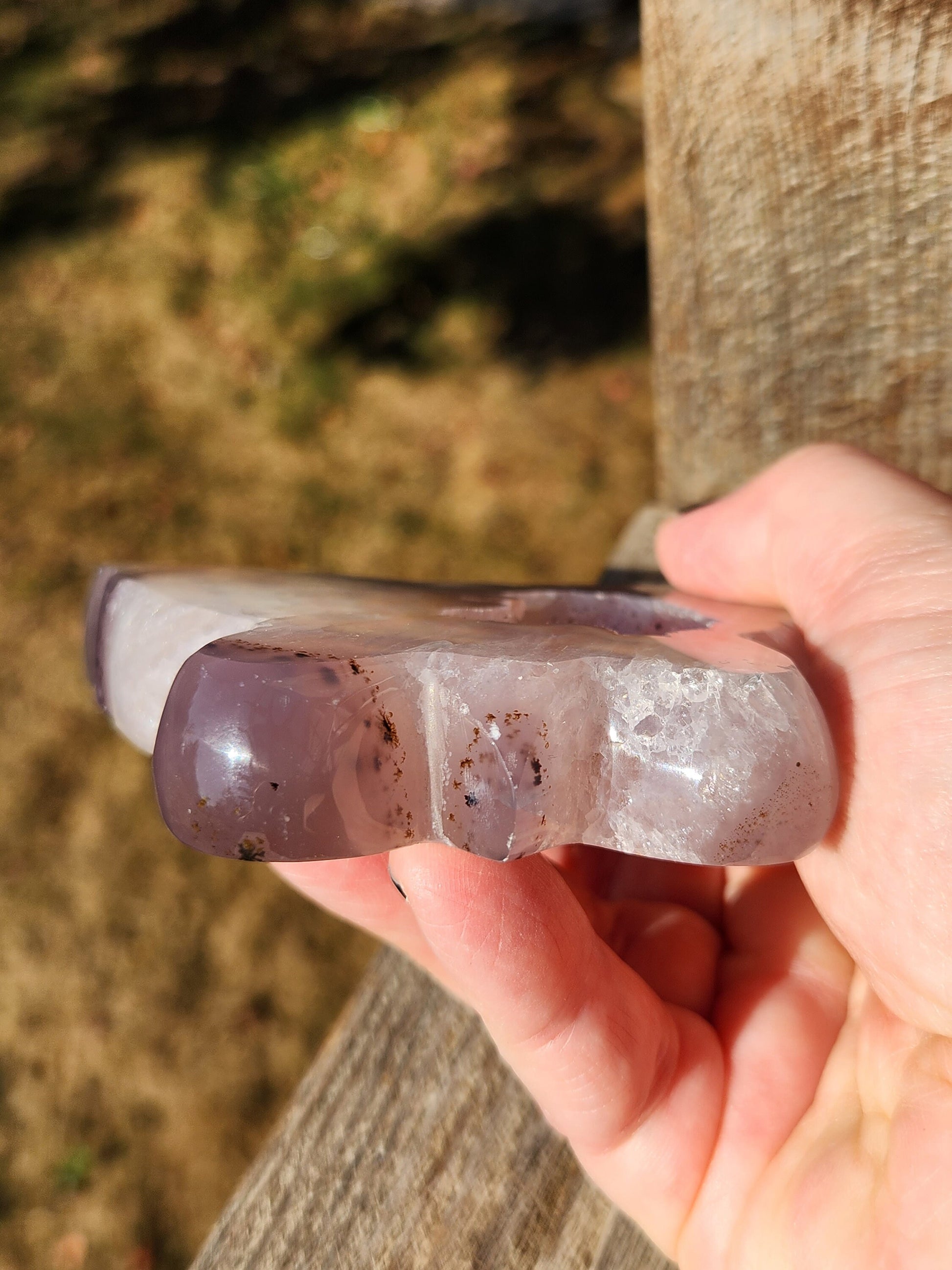 Stunningly Beautiful White and Purple Tipped Druzy Thick Slab Cut Agate Butterfly with black metal stand, Portal, Rainbows!