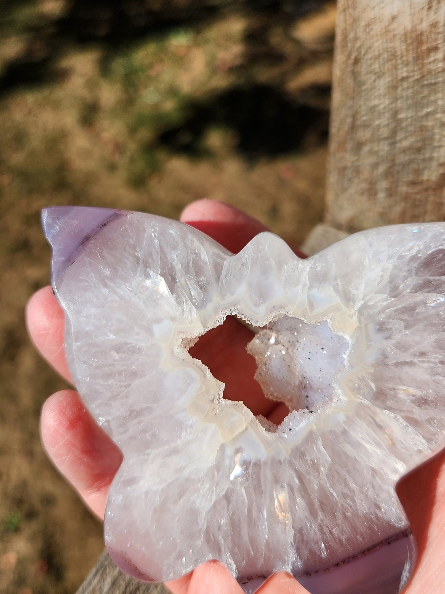 Stunningly Beautiful White and Purple Tipped Druzy Thick Slab Cut Agate Butterfly with black metal stand, Portal, Rainbows!