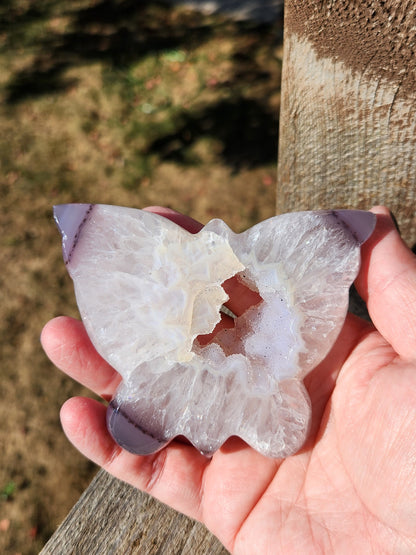 Stunningly Beautiful White and Purple Tipped Druzy Thick Slab Cut Agate Butterfly with black metal stand, Portal, Rainbows!