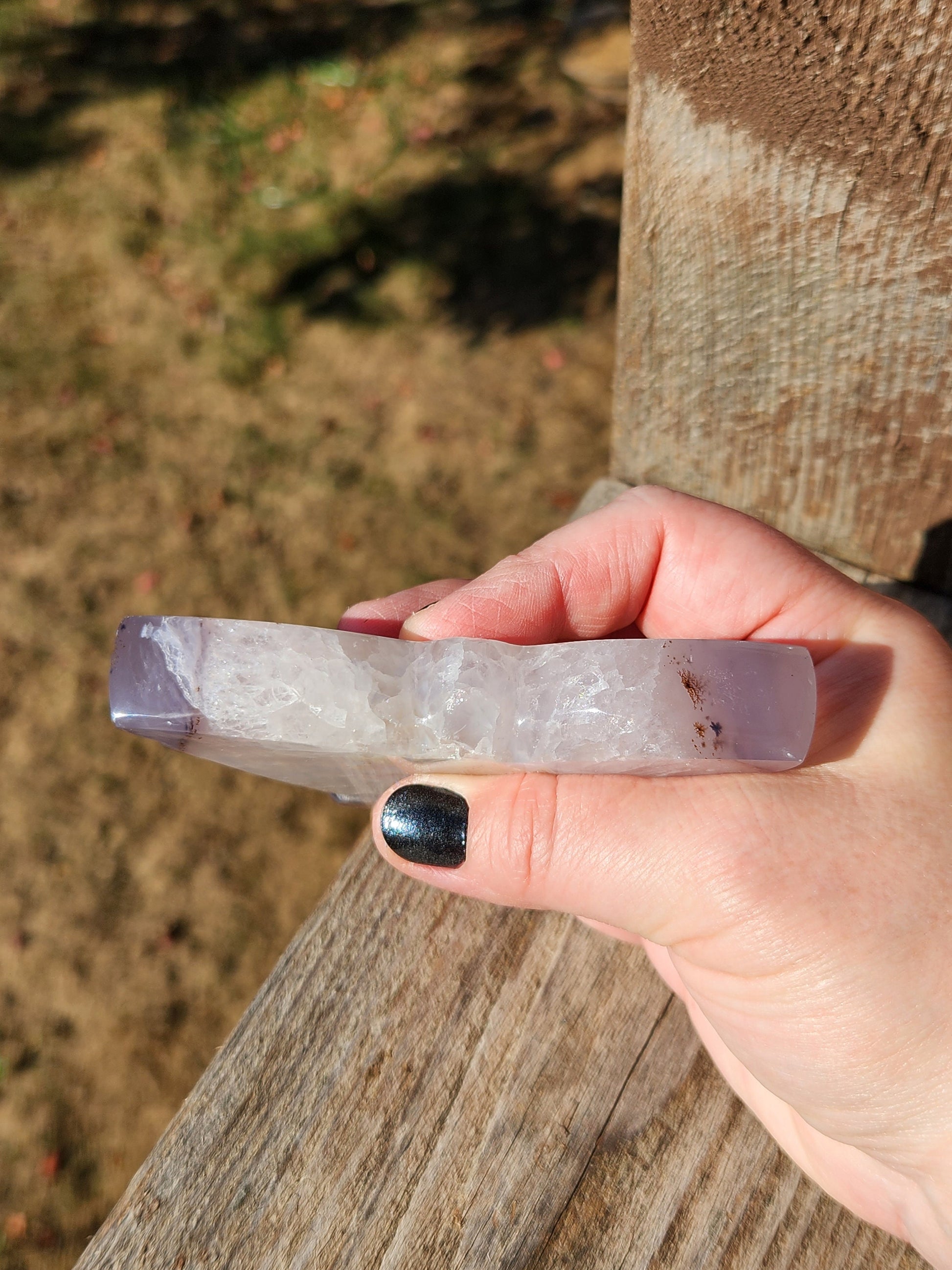 Stunningly Beautiful White and Purple Tipped Druzy Thick Slab Cut Agate Butterfly with black metal stand, Portal, Rainbows!