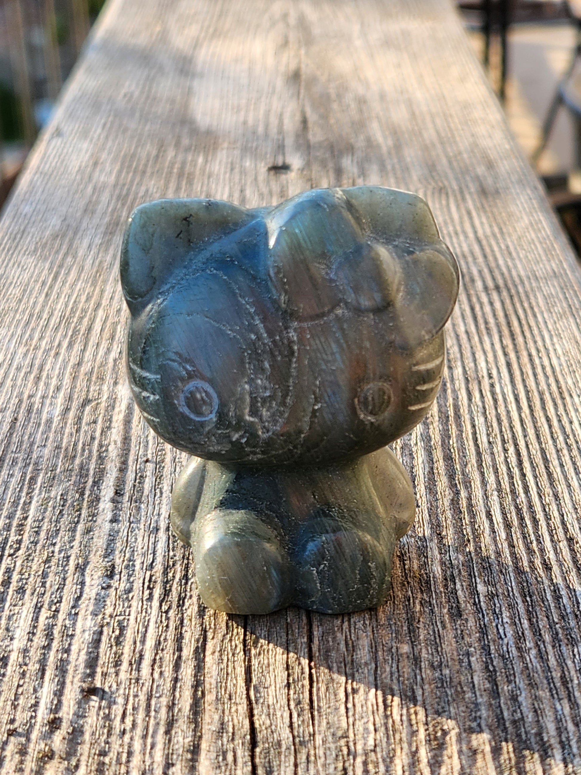 Labradorite Hello Kitty Crystal: Hand Carved Rainbow Flash Stone