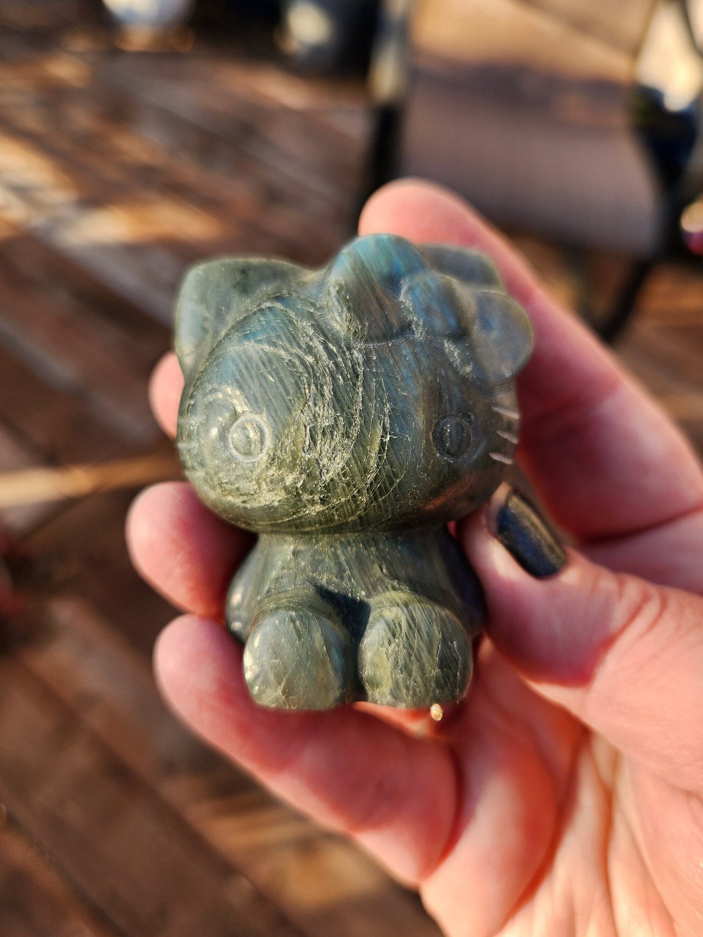 Super Cute Labradorite Hello Kitty Natural Stone Crystal with Rainbow Flash!