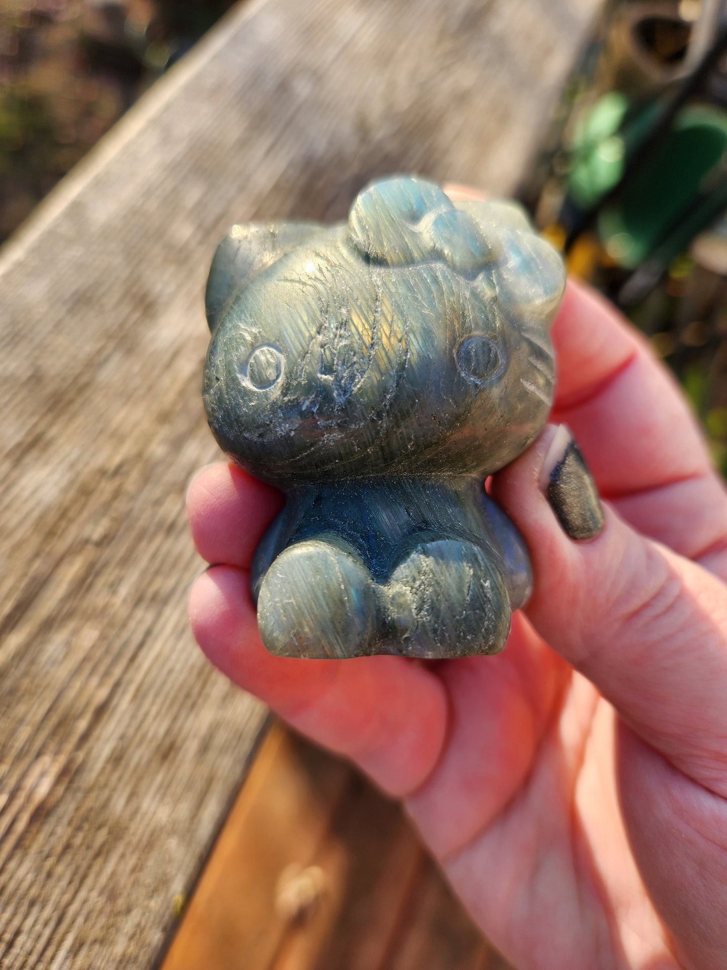 Super Cute Labradorite Hello Kitty Natural Stone Crystal with Rainbow Flash!