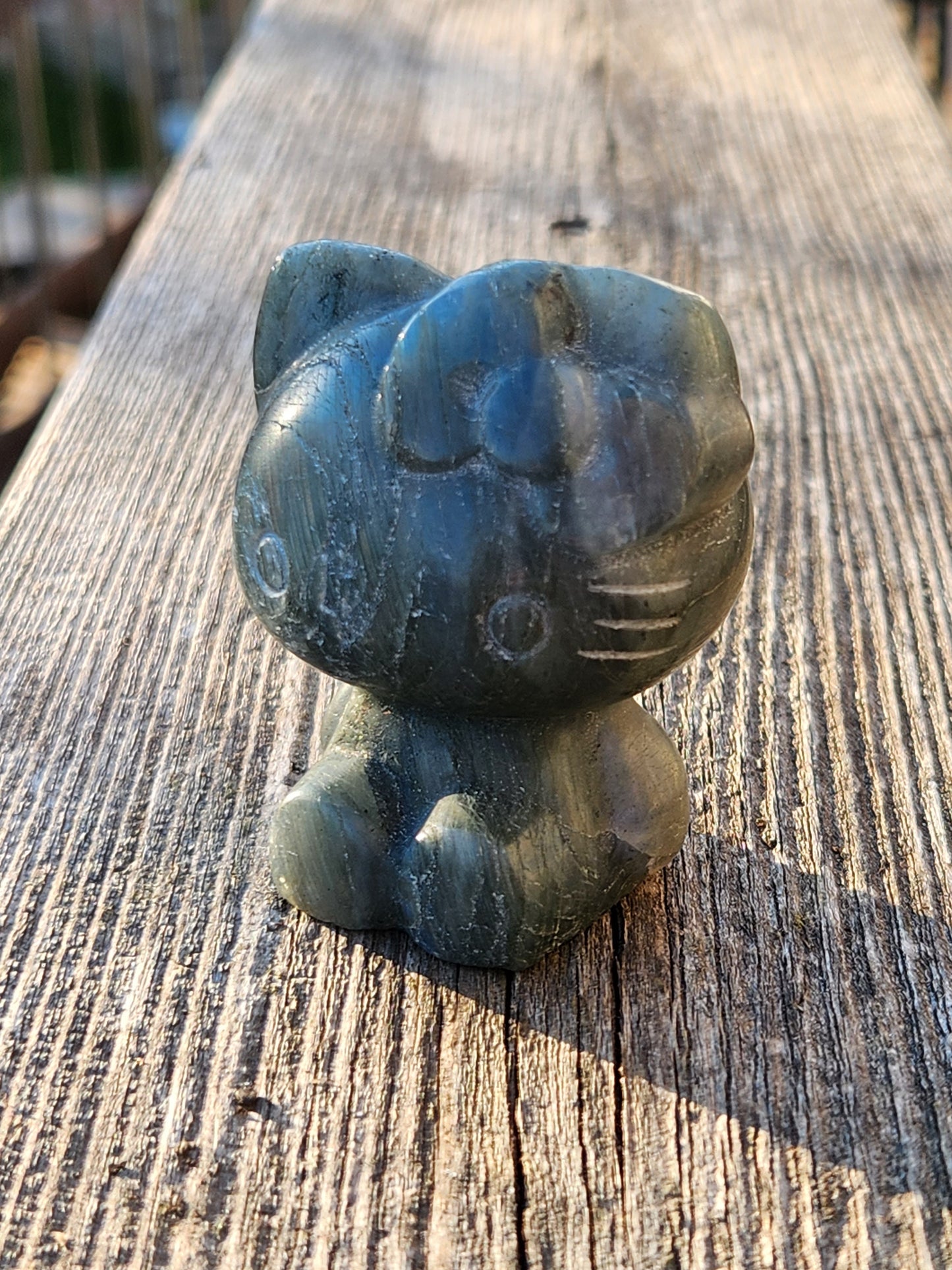 Super Cute Labradorite Hello Kitty Natural Stone Crystal with Rainbow Flash!