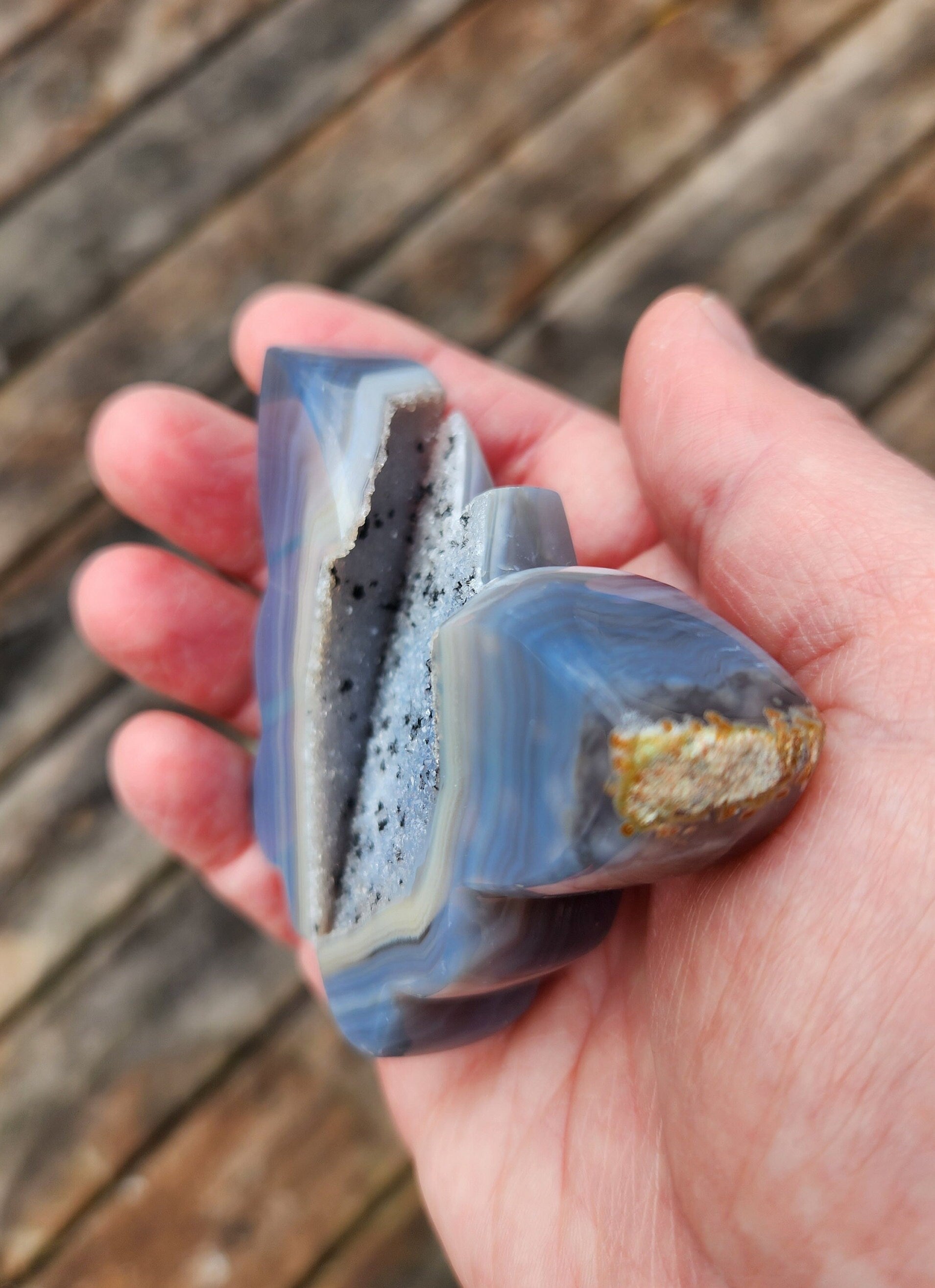 Stunning Blue Banded Druzy Thick Slab Cut Agate Crystal Butterfly with a black metal stand