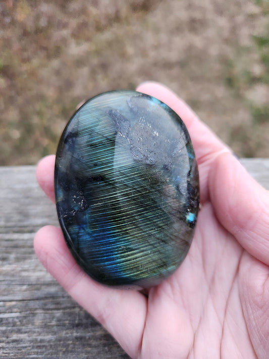 Unique High Polished AAA Labradorite Crystal Large Palm Stone with flash