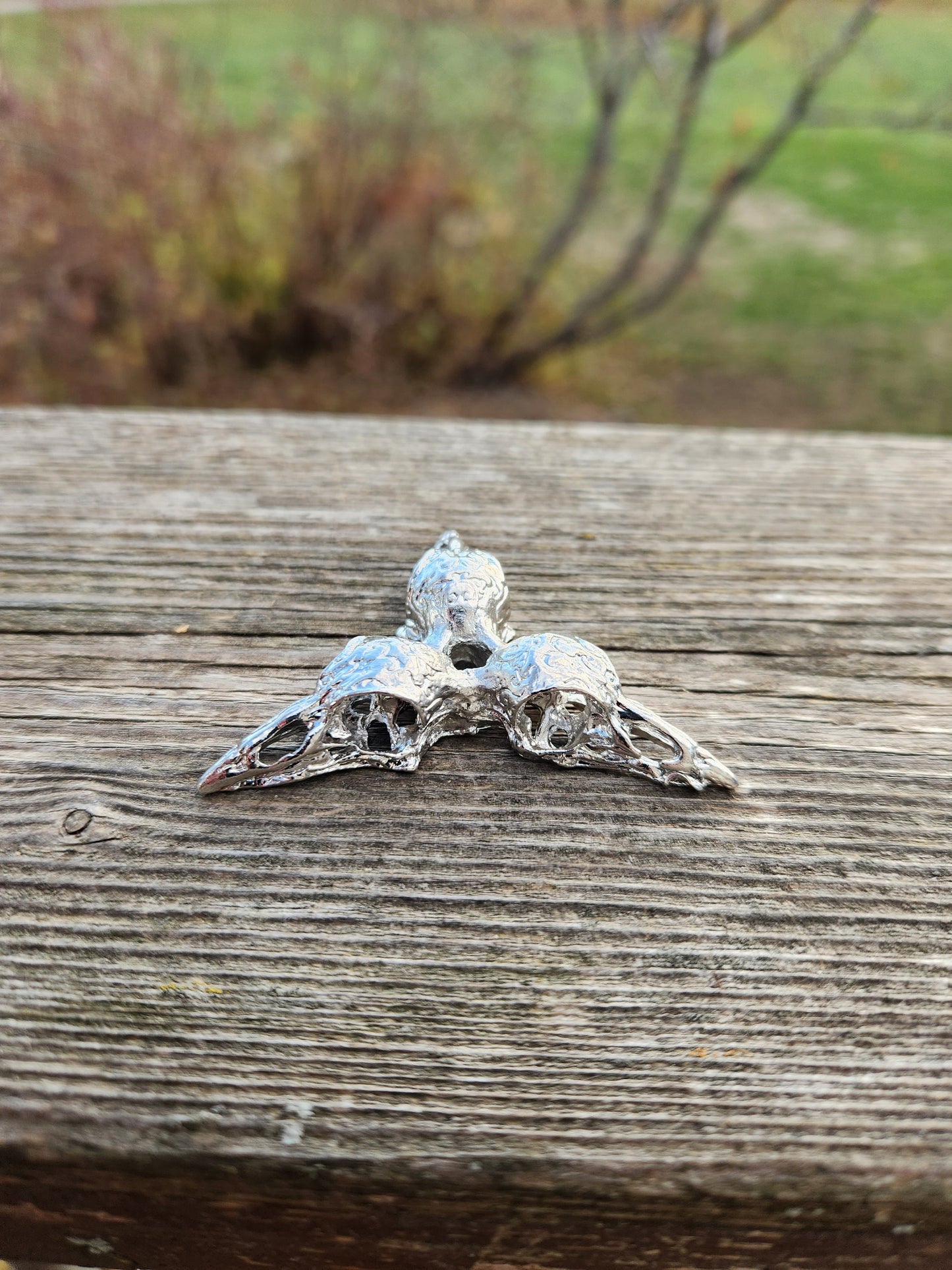 3 Raven Skull Shiny Silver Crystal Sphere Holder