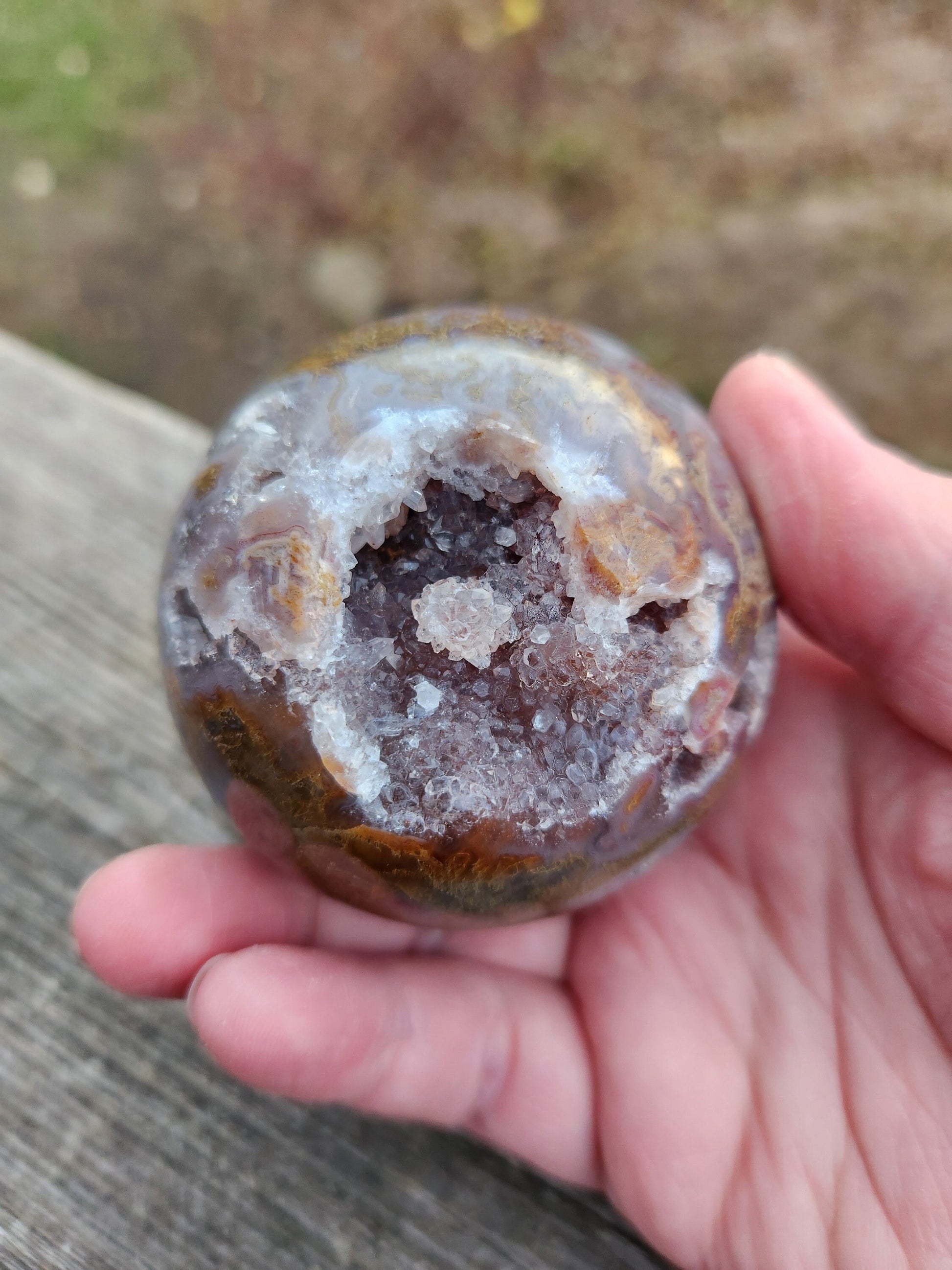 Druzy Moss Agate Sphere: Purple Crystal Caves (2.59 inch)