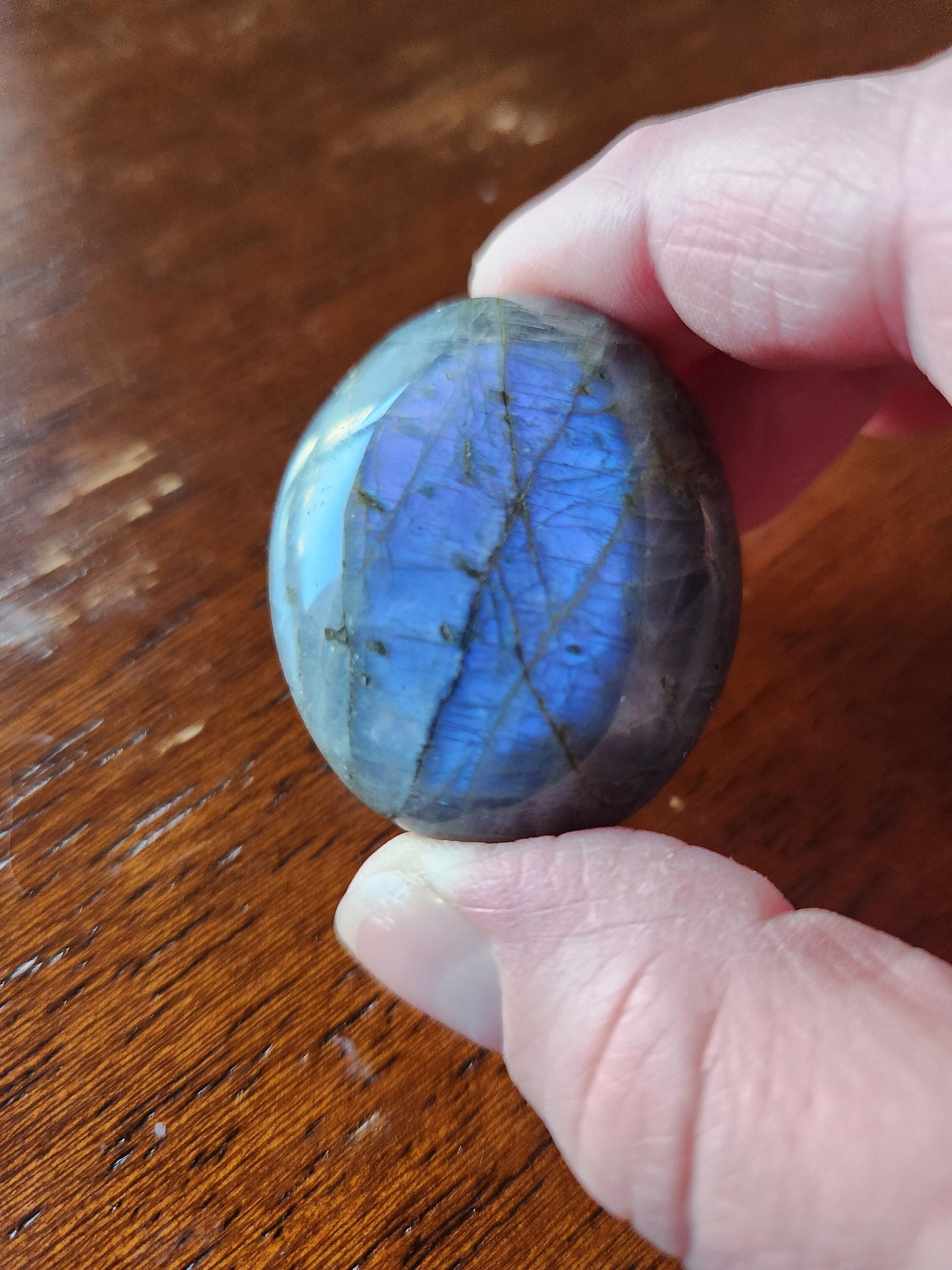AAA Labradorite Crystal Palm Stone: Purple Blue Flash