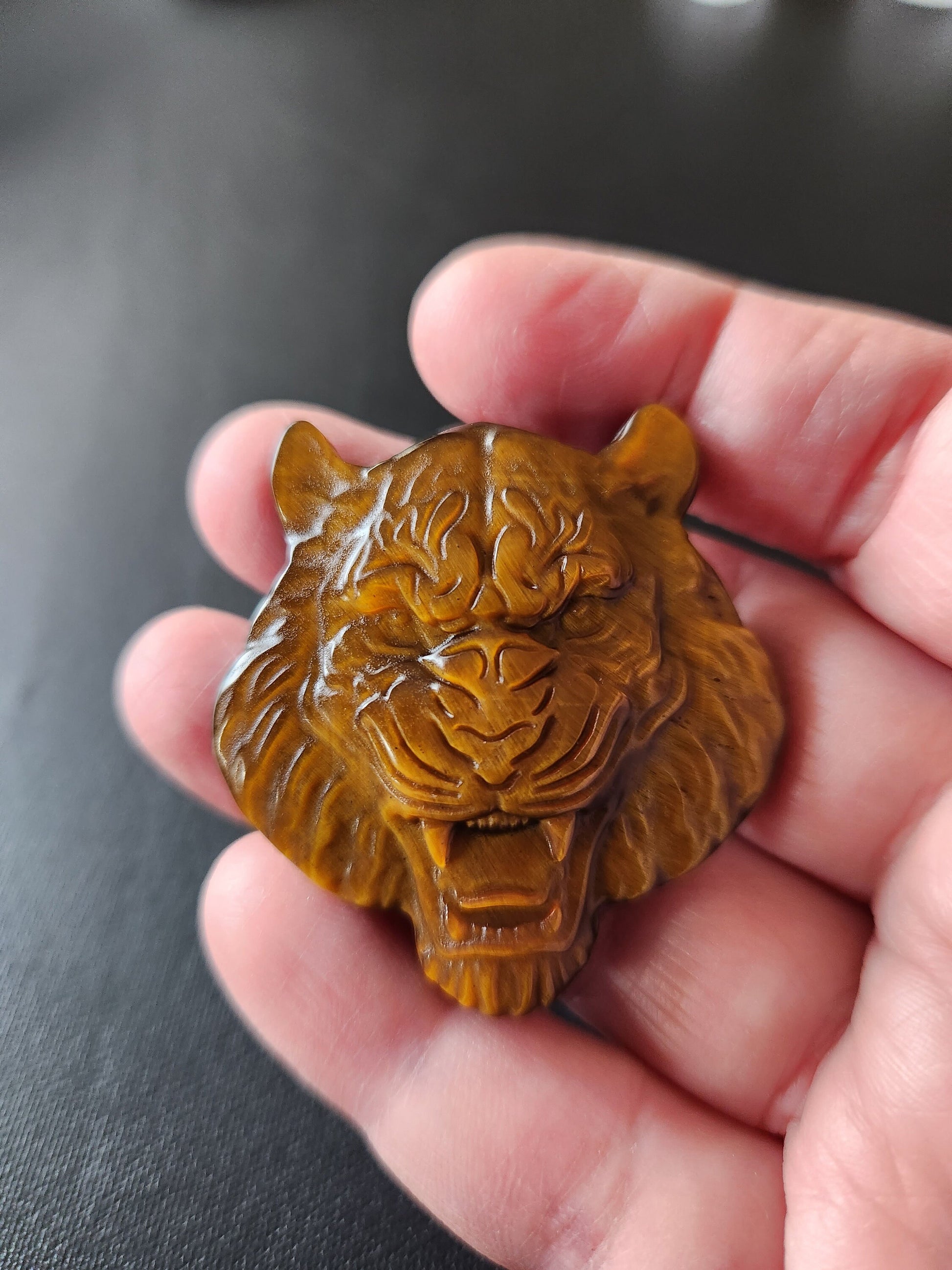 Crazy Cool Beautiful Juicy Tigers Eye Crystal Tiger Head Coin Carving