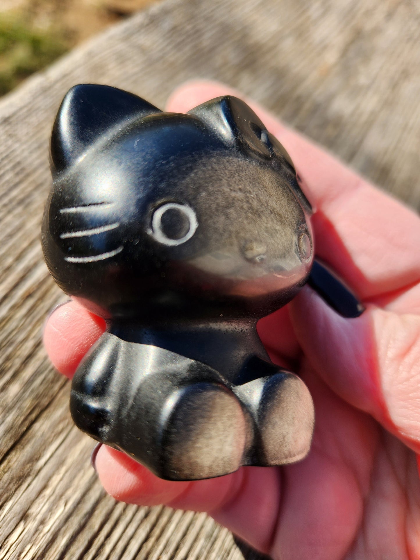 Super Cute Golden Black Obsidian Hello Kitty Natural Stone Crystal with flash!