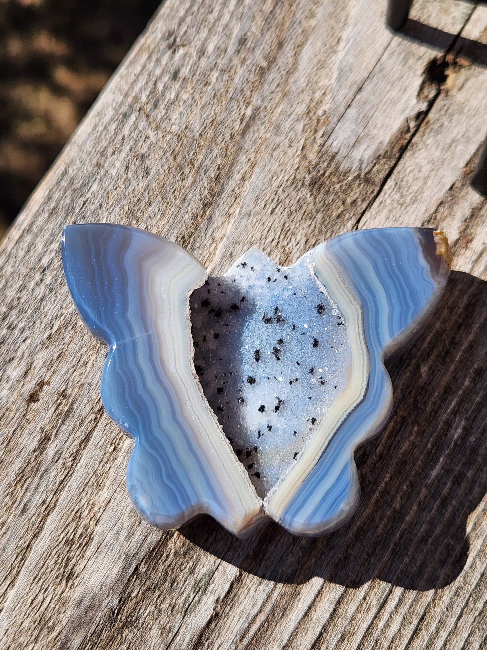 Stunning Blue Banded Druzy Thick Slab Cut Agate Crystal Butterfly with a black metal stand