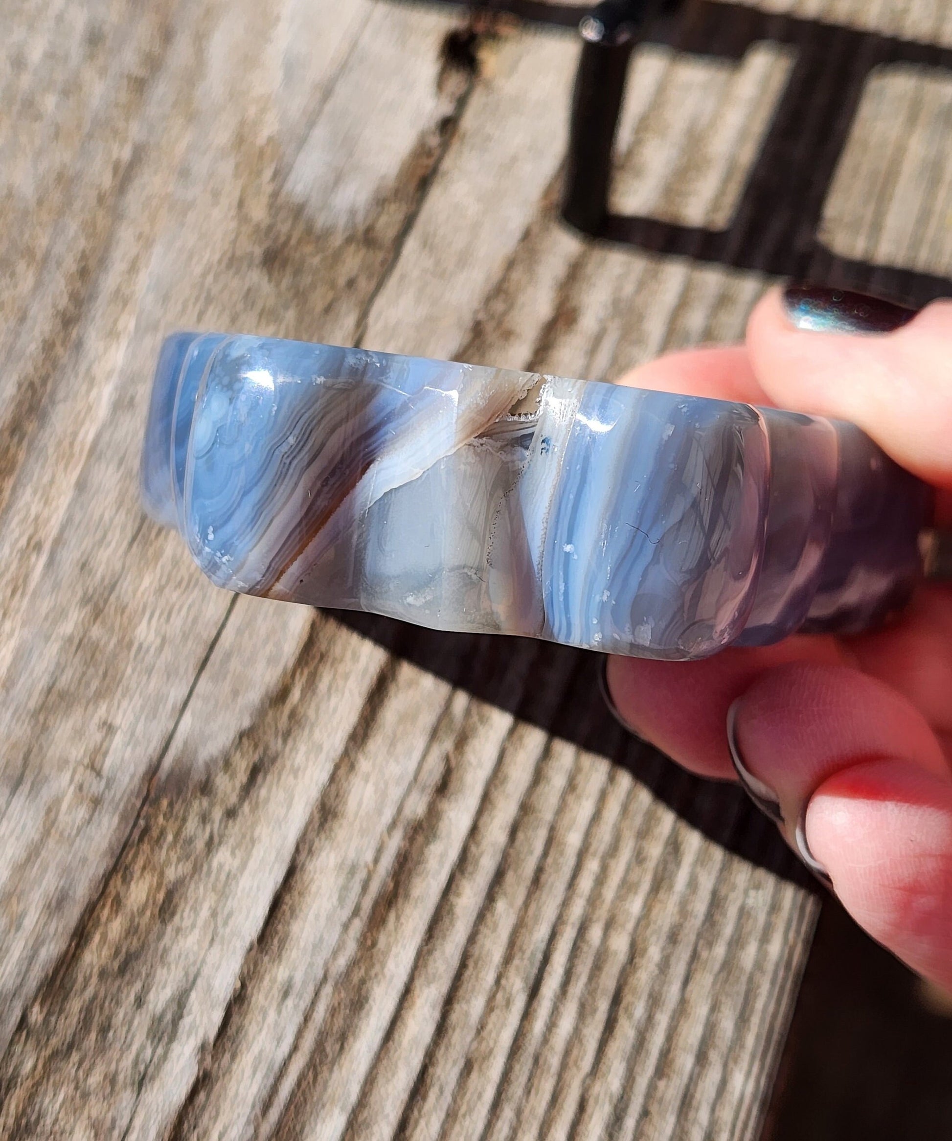 Stunning Blue Banded Druzy Thick Slab Cut Agate Crystal Butterfly with a black metal stand