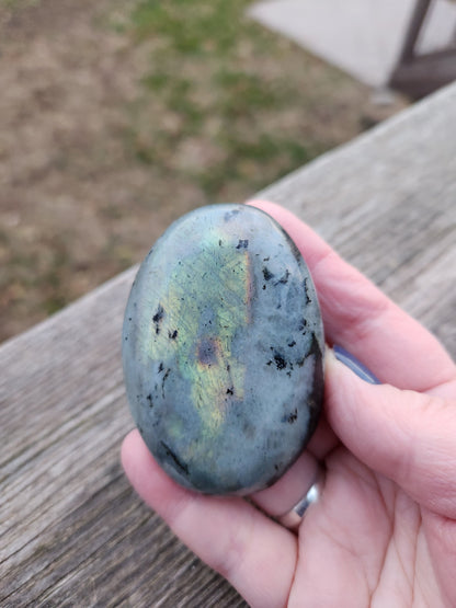 Polished Labradorite Large Palm Stone Crystal with Flash