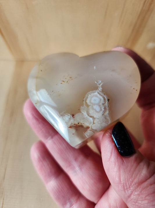 Flower Agate Crystal Heart: Self Standing Palm Stone
