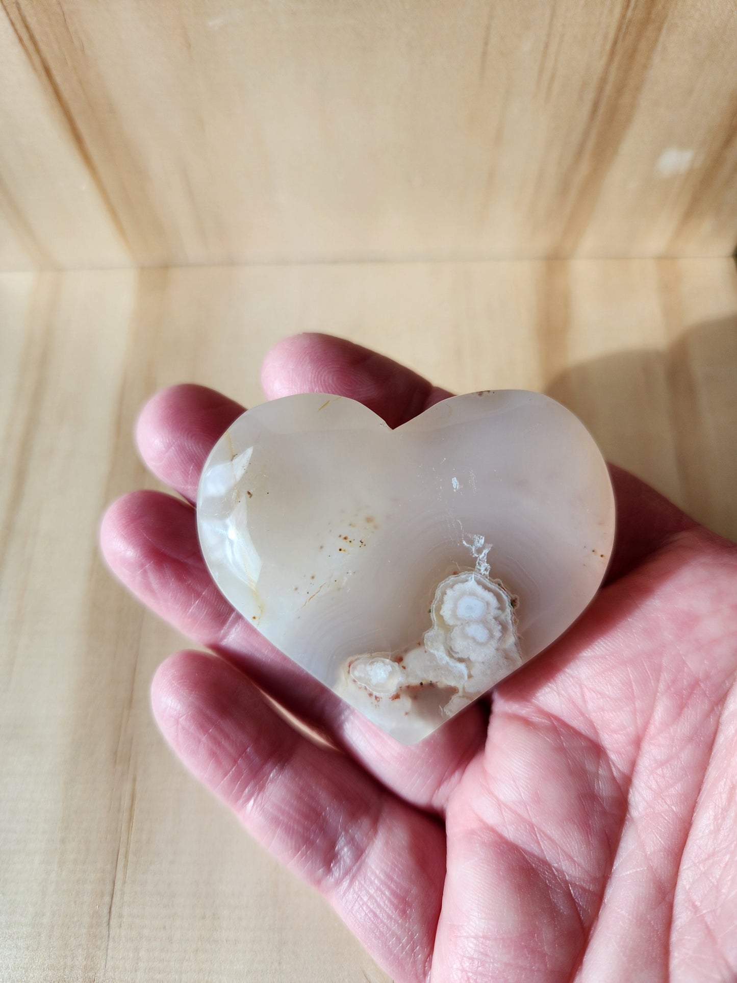 Flower Agate Crystal Heart: Self Standing Palm Stone