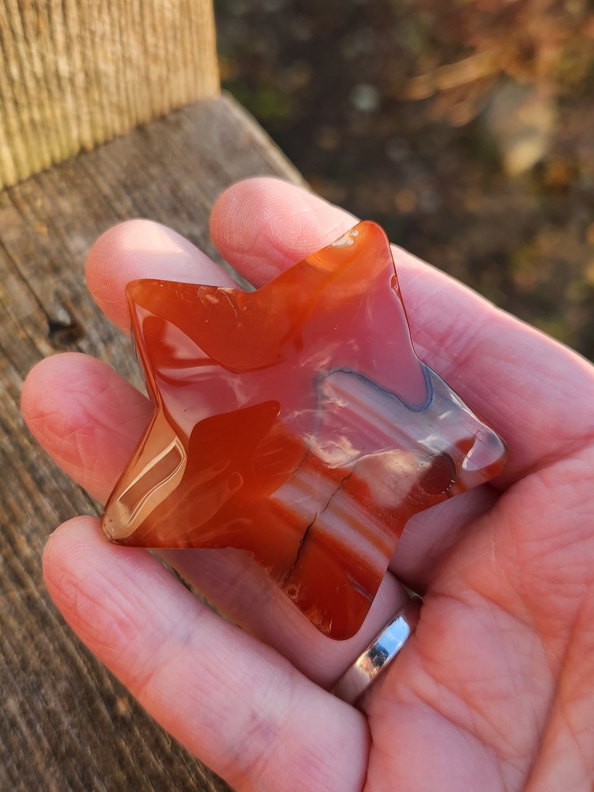 Polished Carnelian Crystal Star: Pocket Palm Stone