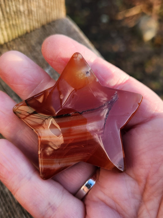 Polished Carnelian Crystal Star: Pocket Palm Stone