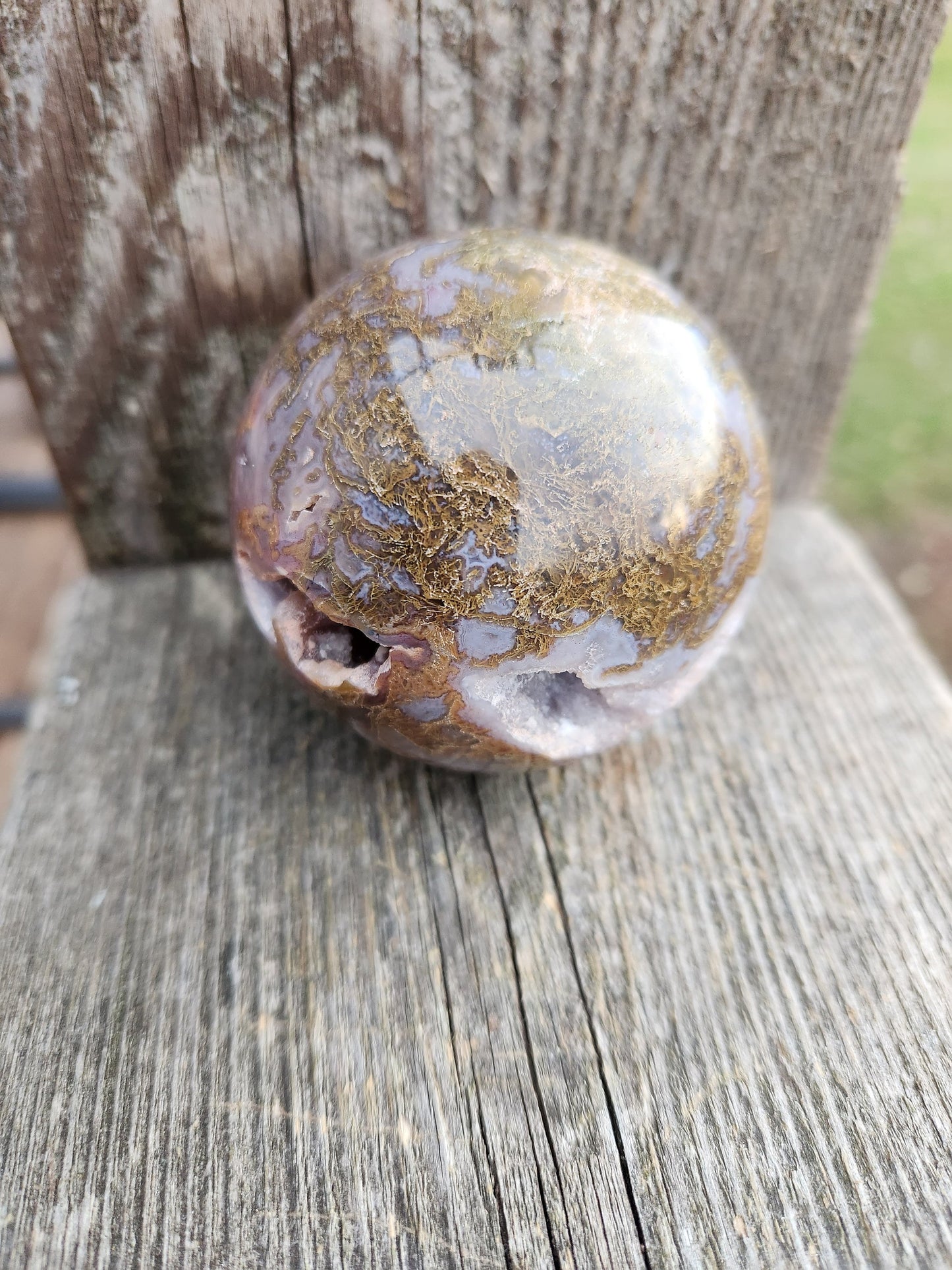 Druzy Moss Agate Sphere: Purple Crystal Caves (2.59 inch)