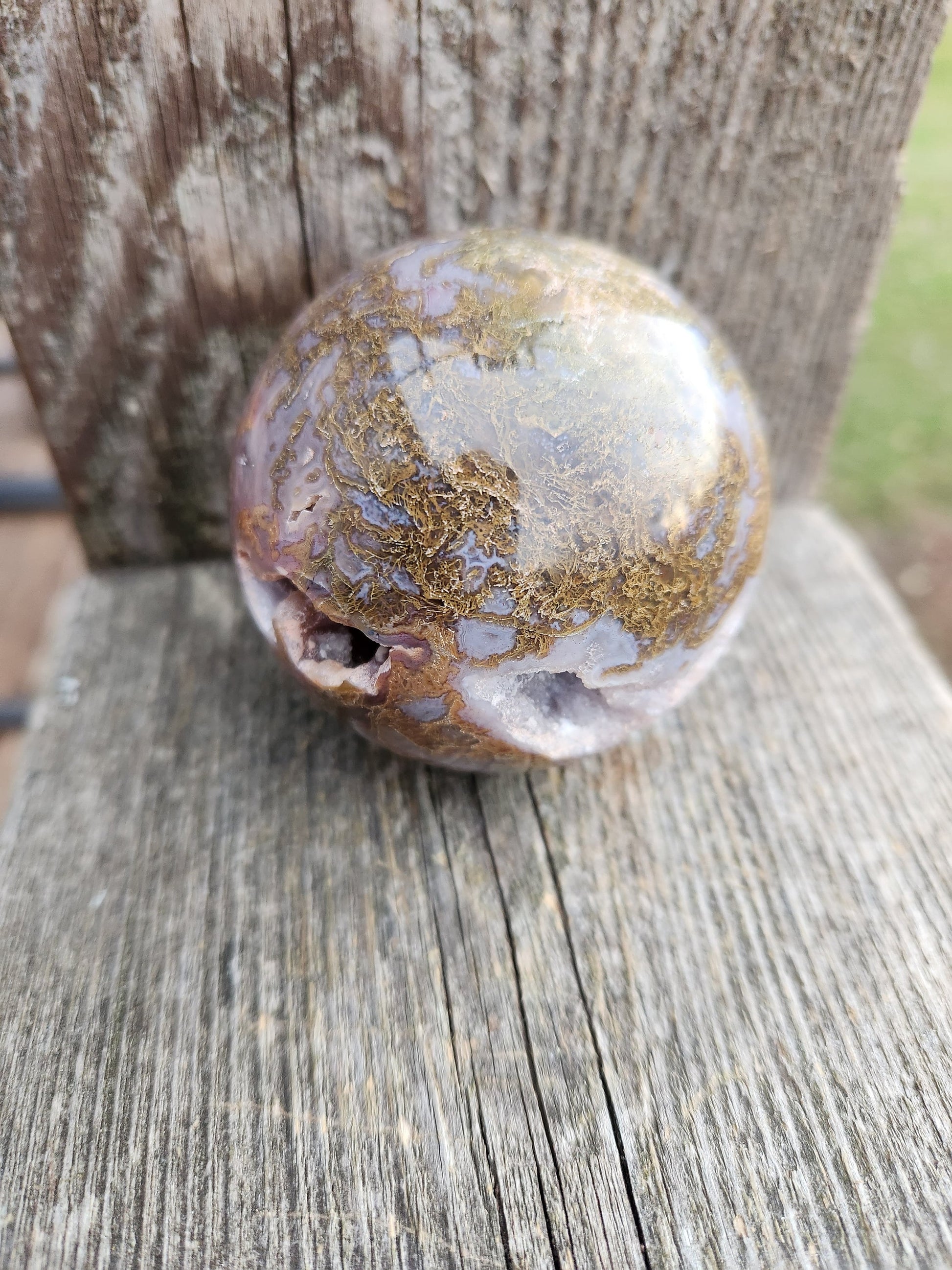 Druzy Moss Agate Sphere: Purple Crystal Caves (2.59 inch)
