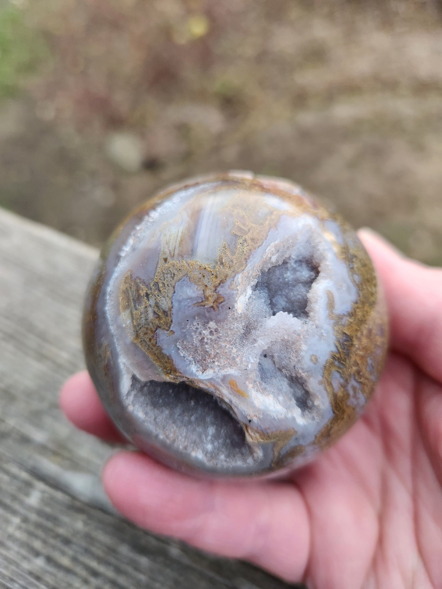 Druzy Moss Agate Sphere: Purple Crystal Caves (2.59 inch)