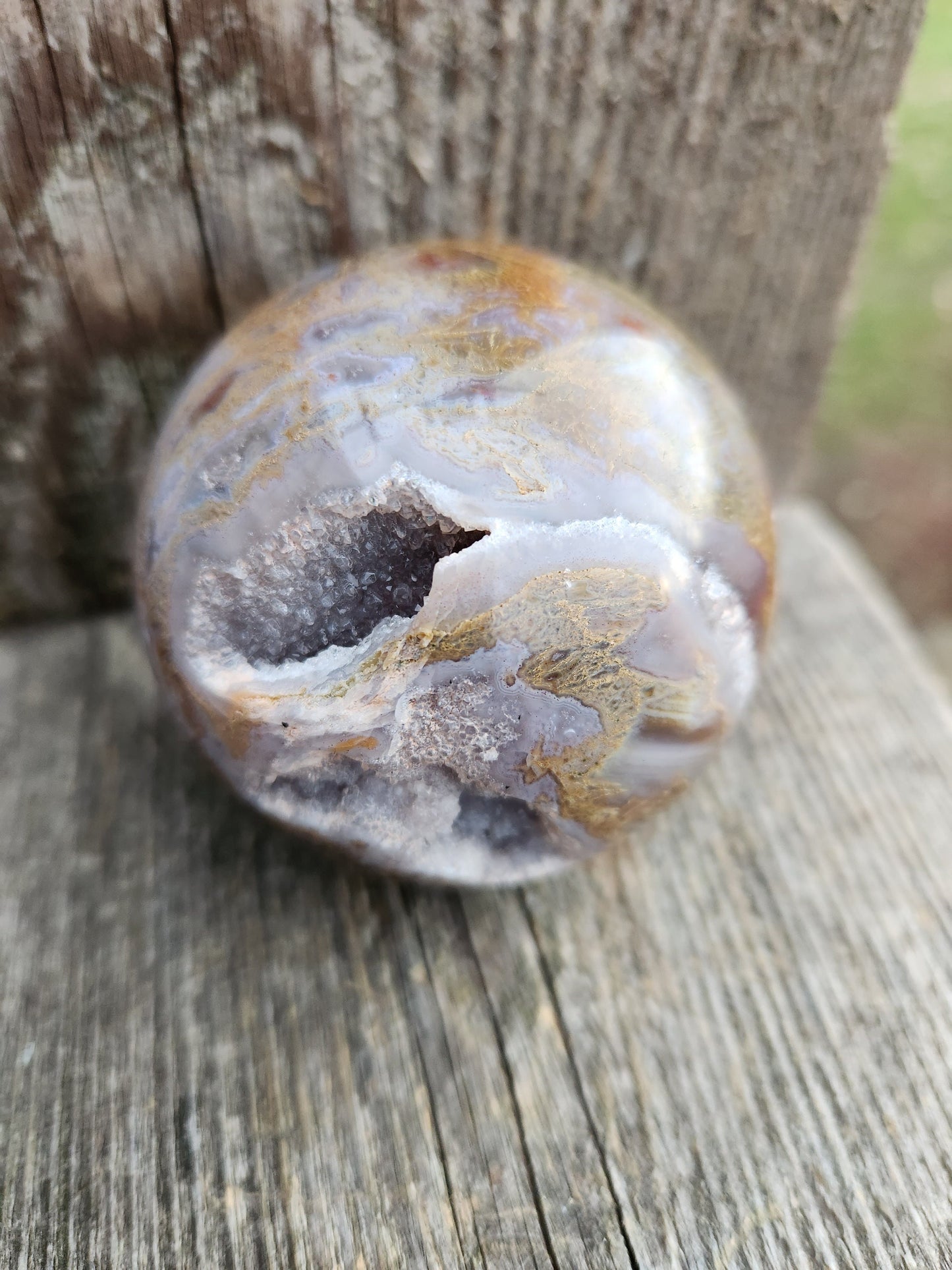 Druzy Moss Agate Sphere: Purple Crystal Caves (2.59 inch)