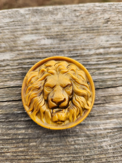 Tigers Eye Crystal Lion Coin Carving: Hand Carved Palm Stone